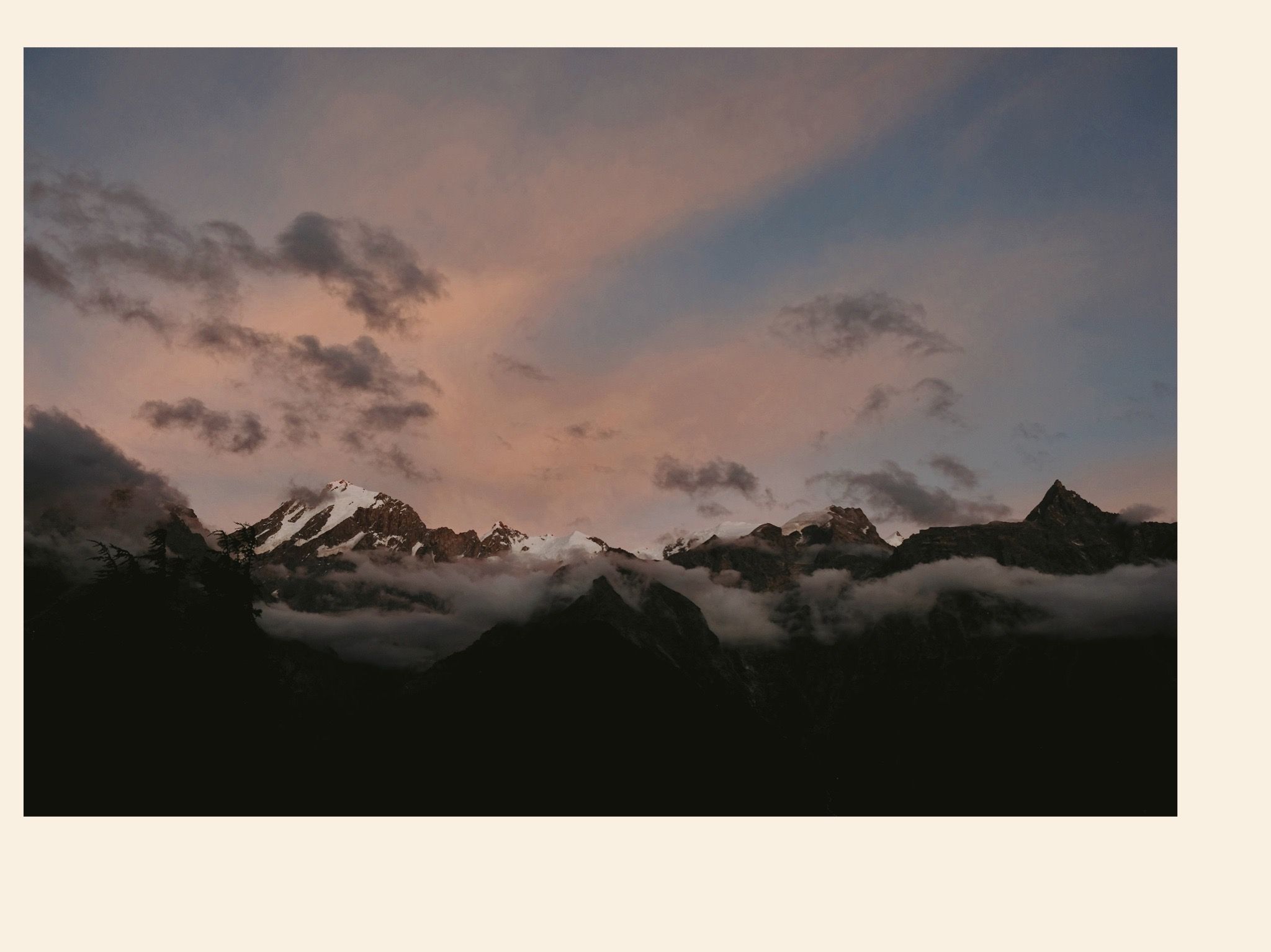 The Kinnaur Kailash range at twilight. From Kalpa, Kinnaur, Himachal Pradesh, India. August 2022.