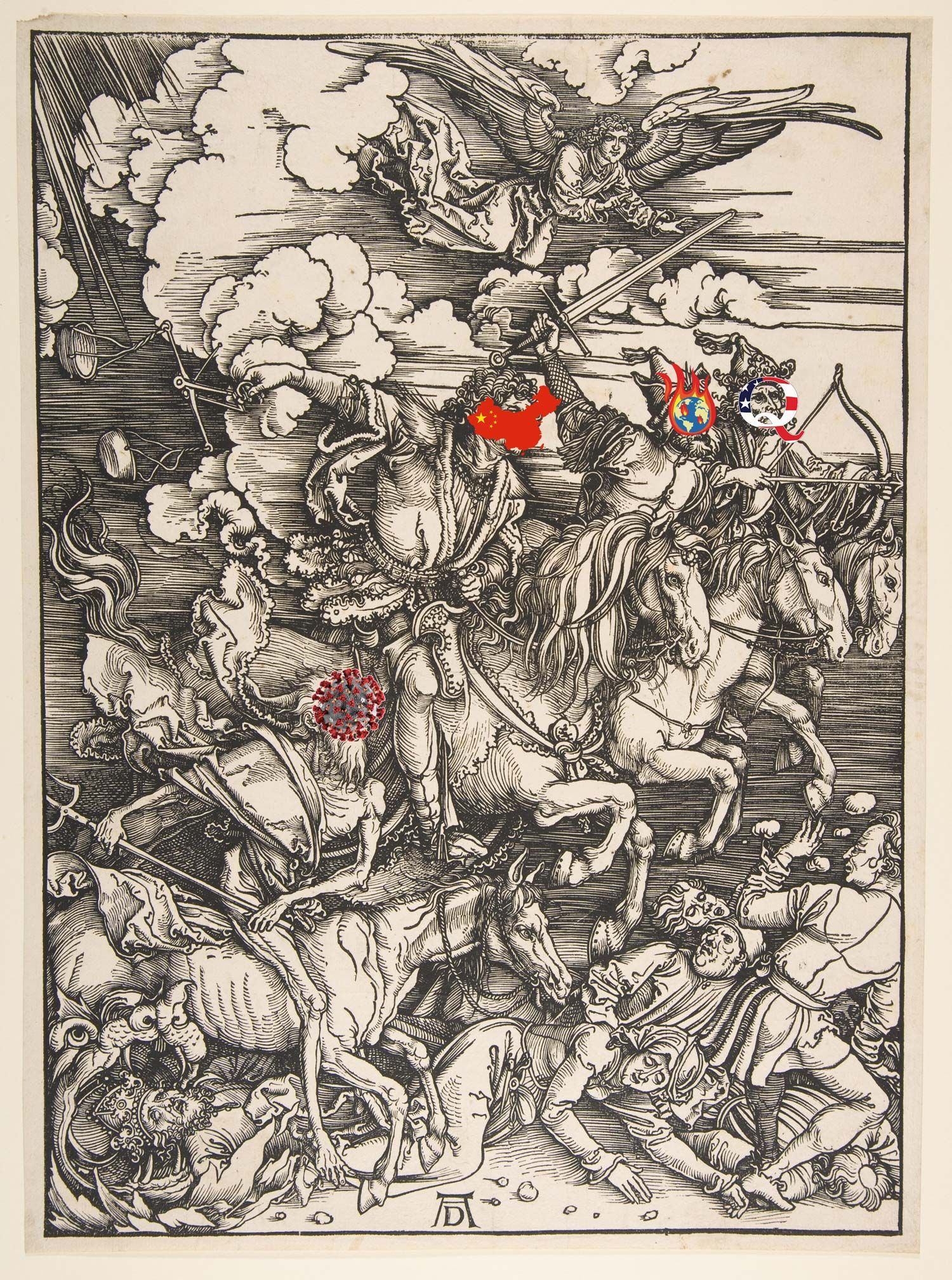 Four Horsemen of the Apocalypse by Albrecht Dürer with Qanon, China, the Coronavirus and a flaming earth over the horsemen’s faces.