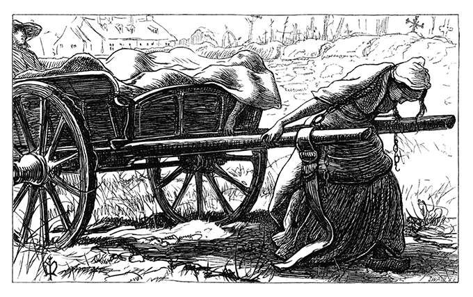 A woman harnessed to a two-wheel cart filled with corpses pulls it along the cemetery wall as she bends under the toil.