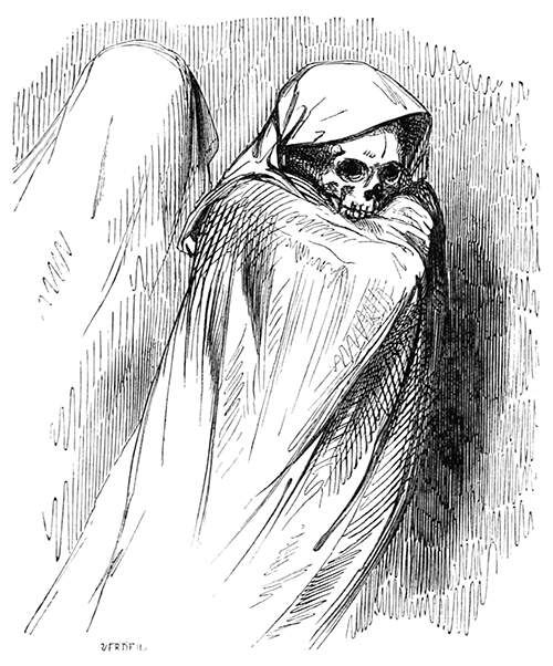A skeleton is draped in a hooded gown, leaving only its skull to be seen.