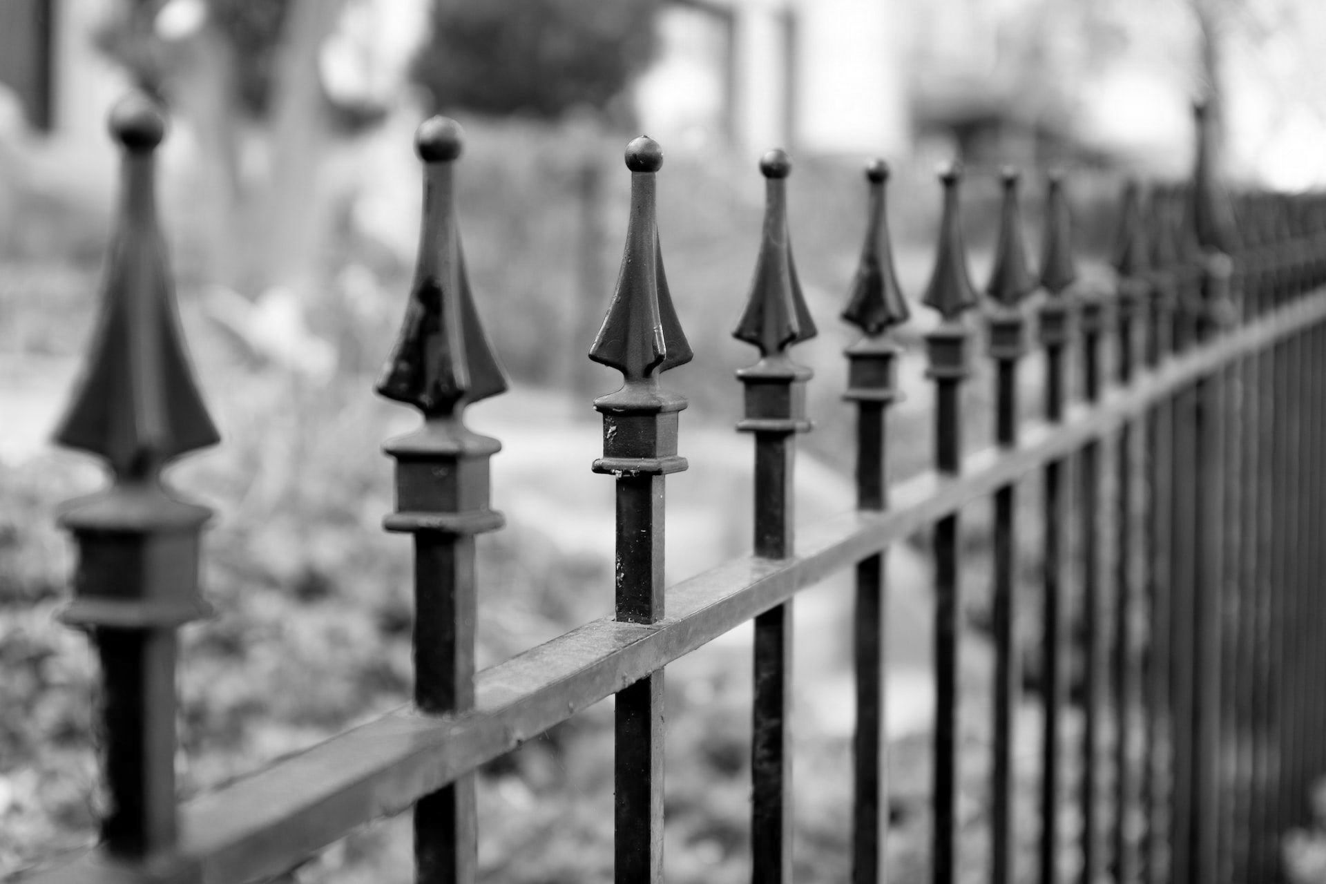 A wrought iron fence in front of a garden