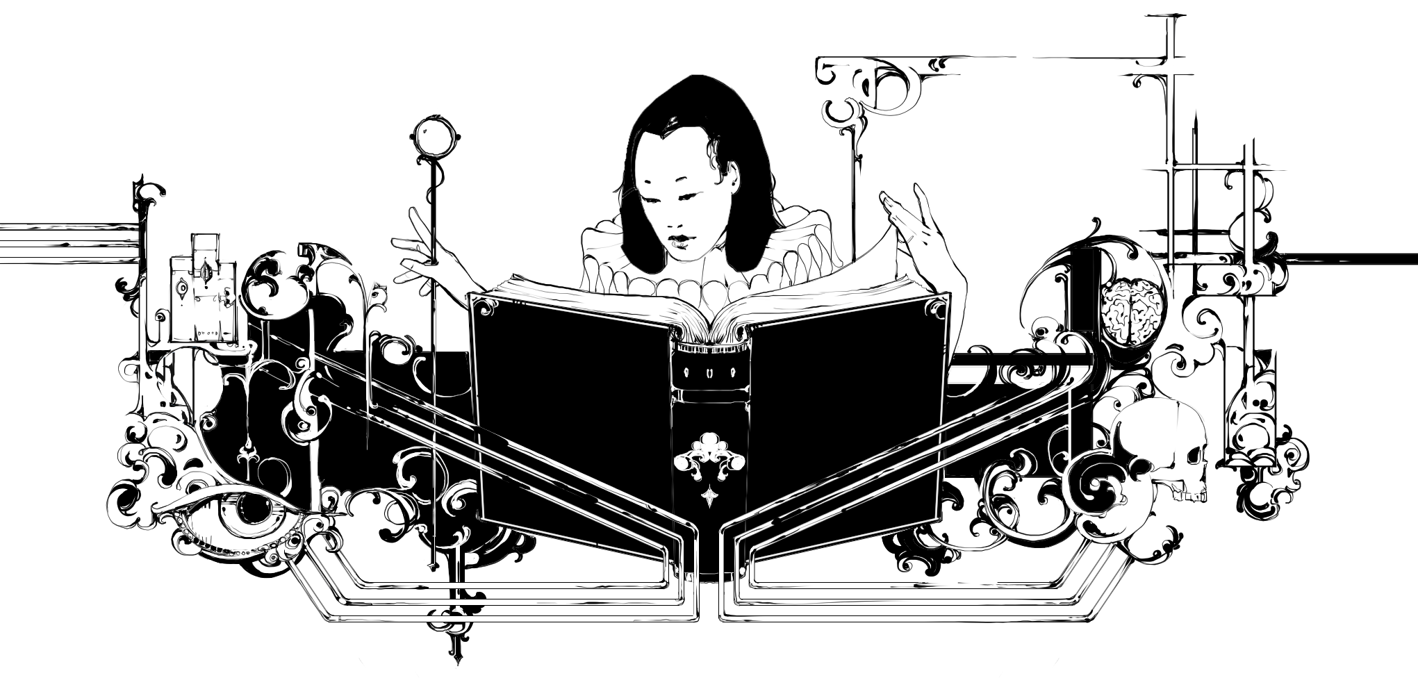 A female magic-user examining a book with arcane paraphernalia around her