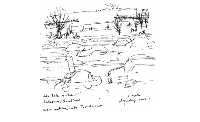 text: the lake + the Lakeshore/Gardiner. We’re getting into Toronto now. I hate drawing cars.