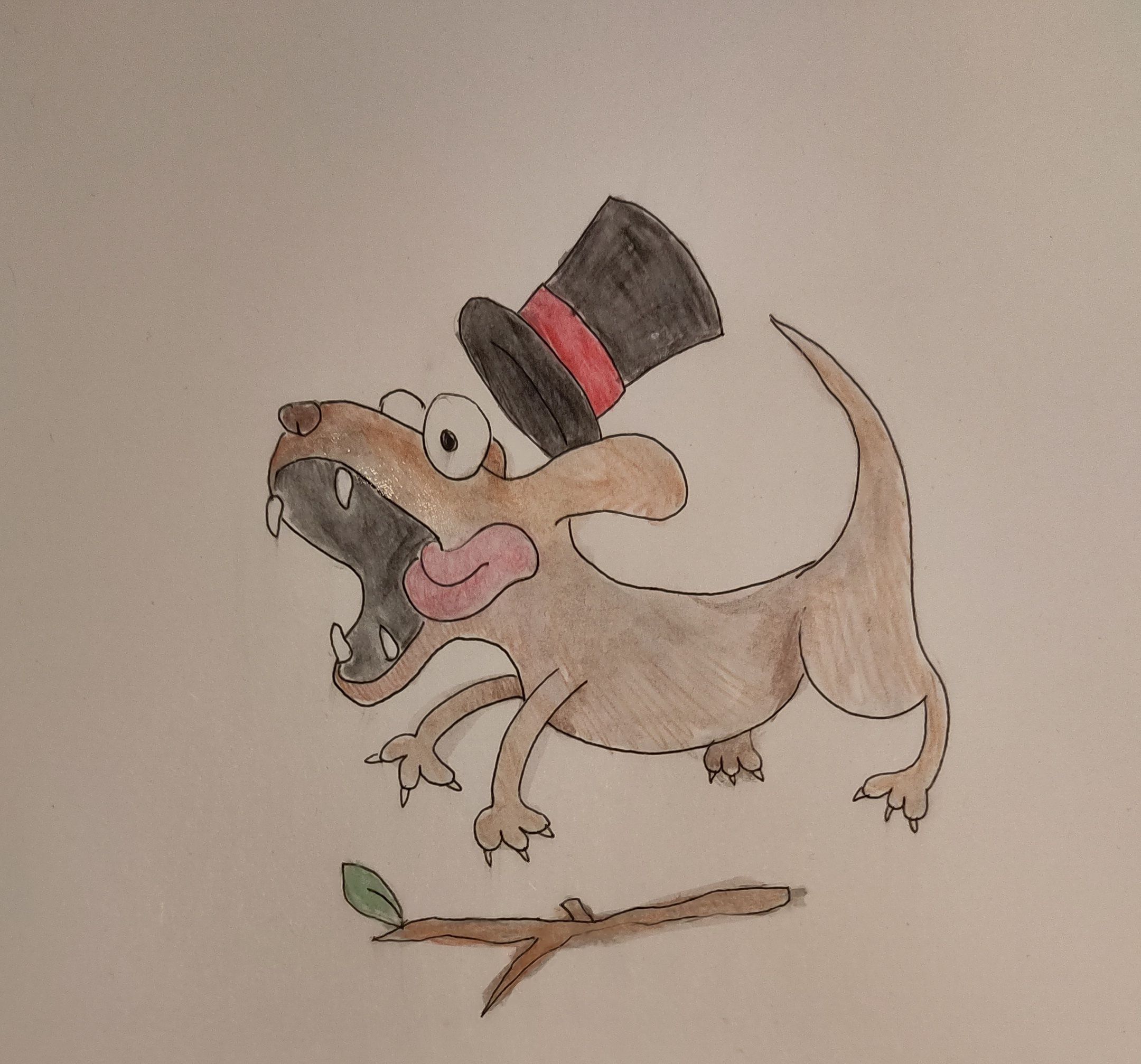 Dog wearing a top hat struggling over a stick