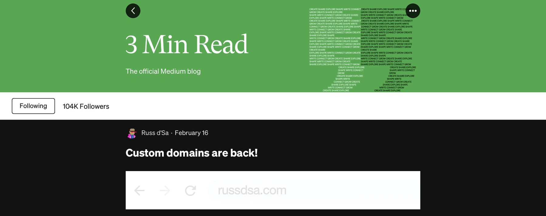 The official Medium blog announcing renewed custom domain support.