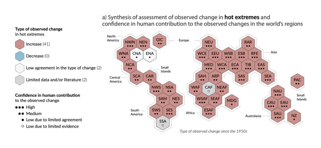 Cartograma em que regiões do mundo são representadas como hexágonos, coloridos pela tendência observada de alteração na ocorrência de ondas de calor extremo