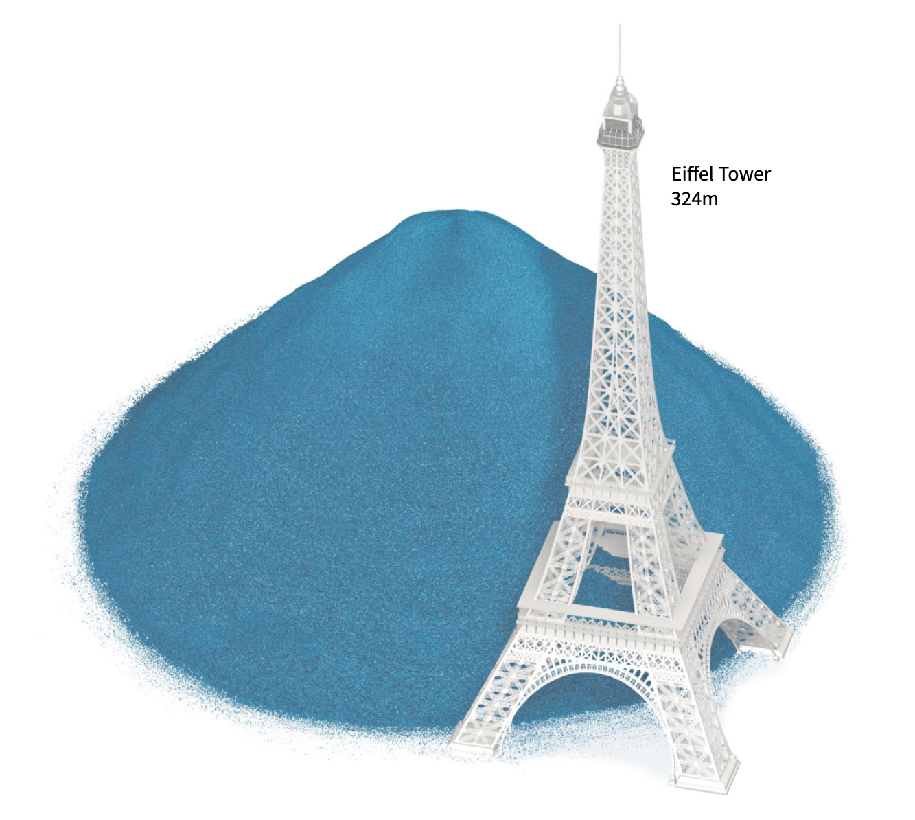 Ilustração 3D exibindo a Torre Eiffel soterrada por garrafas plásticas