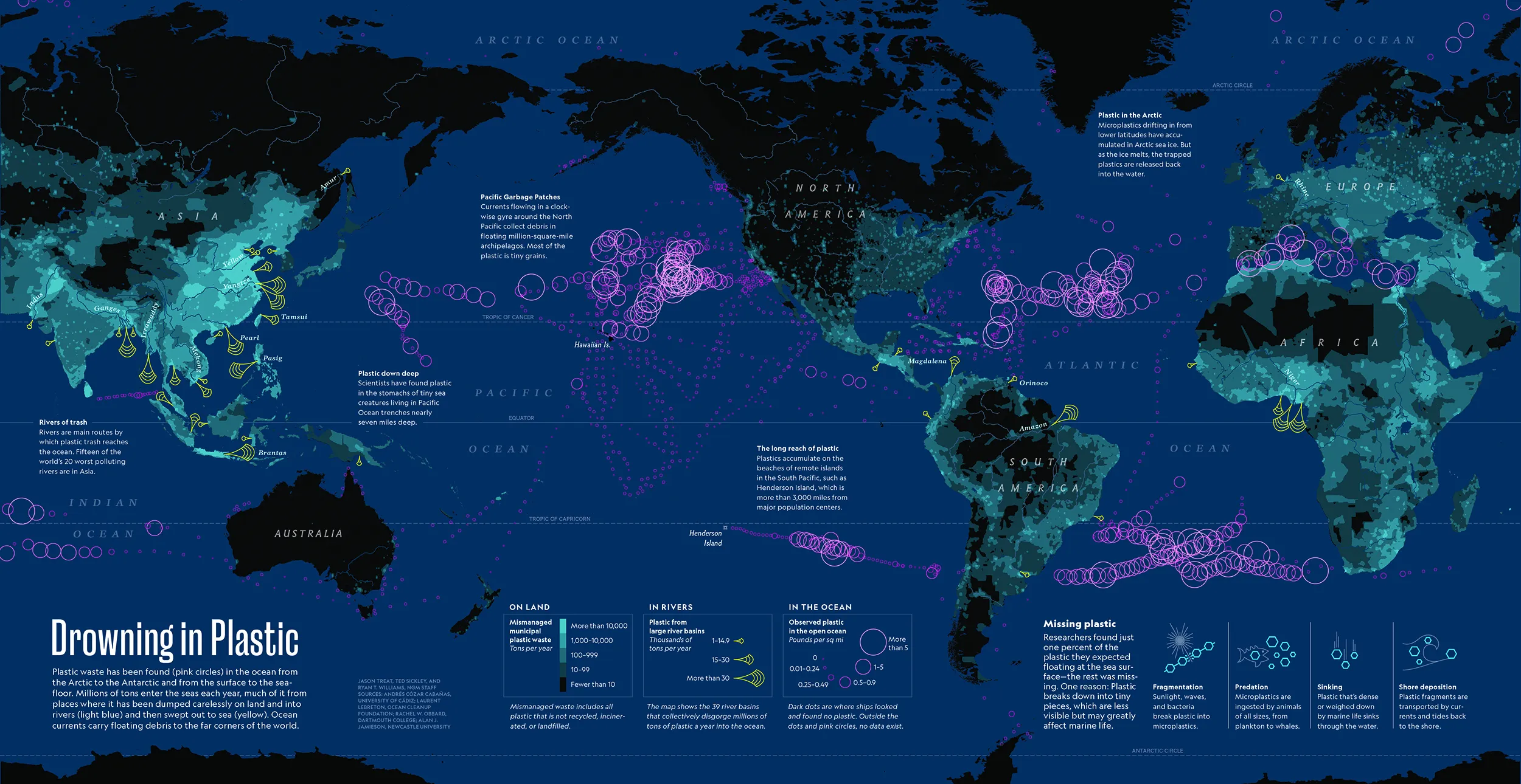 Mapa em paleta de cores escura exibindo regiões com maior descarte de plástico no sudeste asiático
