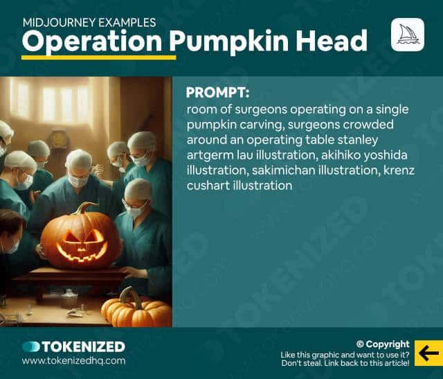 Midjourney output prompted with “room of surgeons operating on a single pumpkin carving, surgeons crowded around an operating table stanley artgerm lau illustration, akihiko yoshida illustration, sakimichan illustration, krenz cushart illustration.”