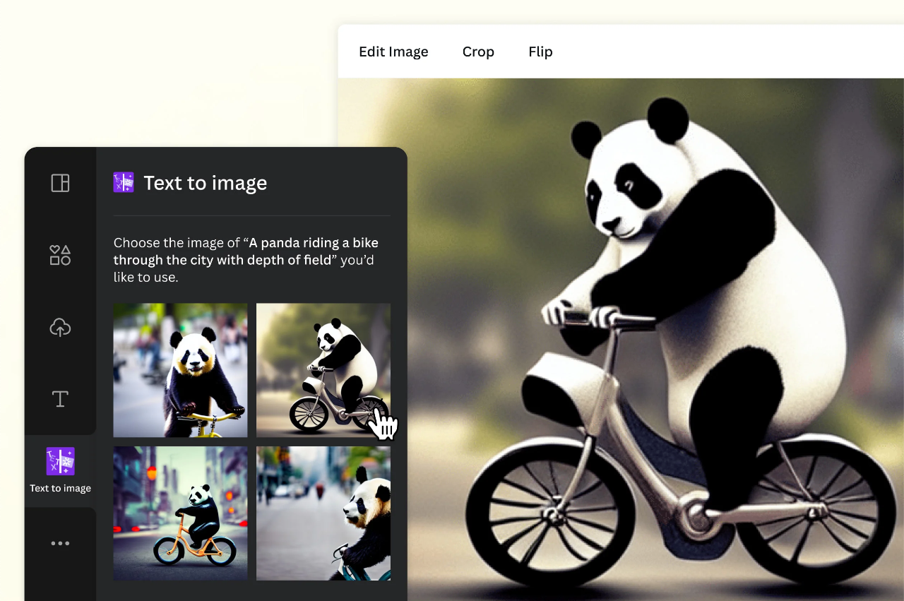 Canva screenshot of output from text-to-image app prompted with “Panda riding a bike through the city with depth of field.”