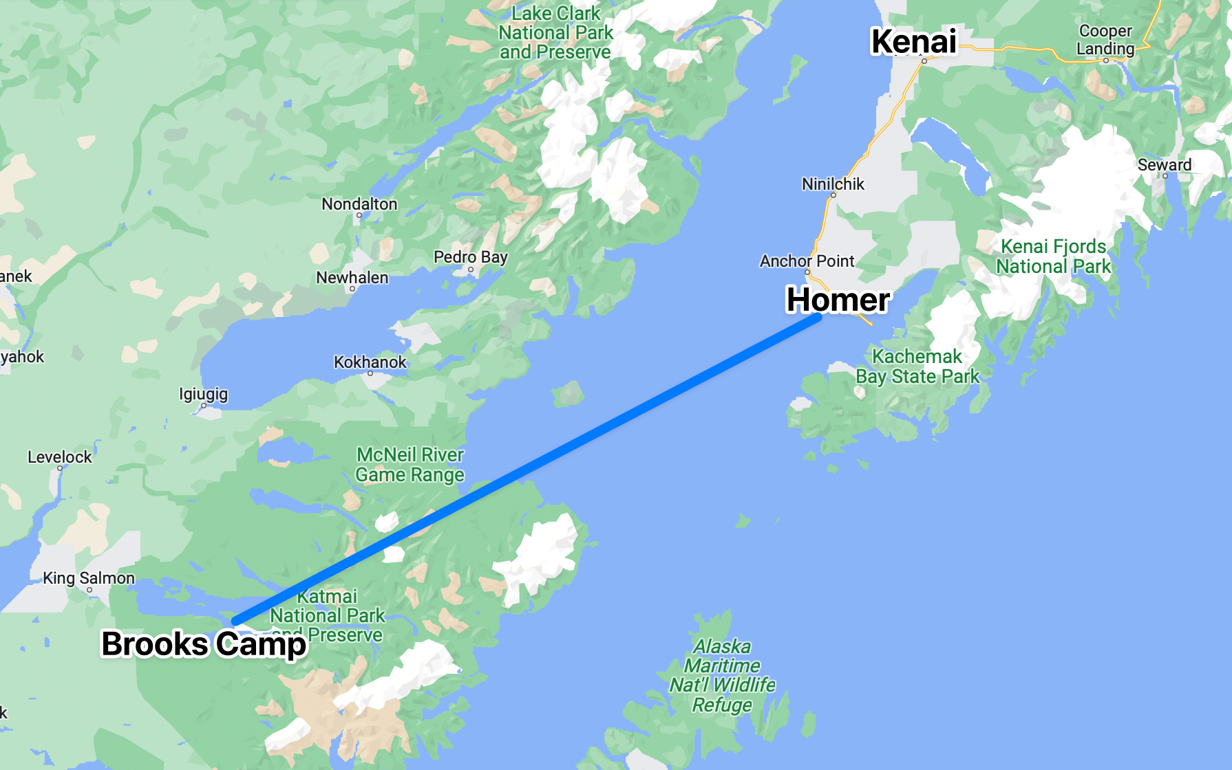 Illustrated is our 1h30 flight route from Homer to Brooks Camp in Katmai National Park
