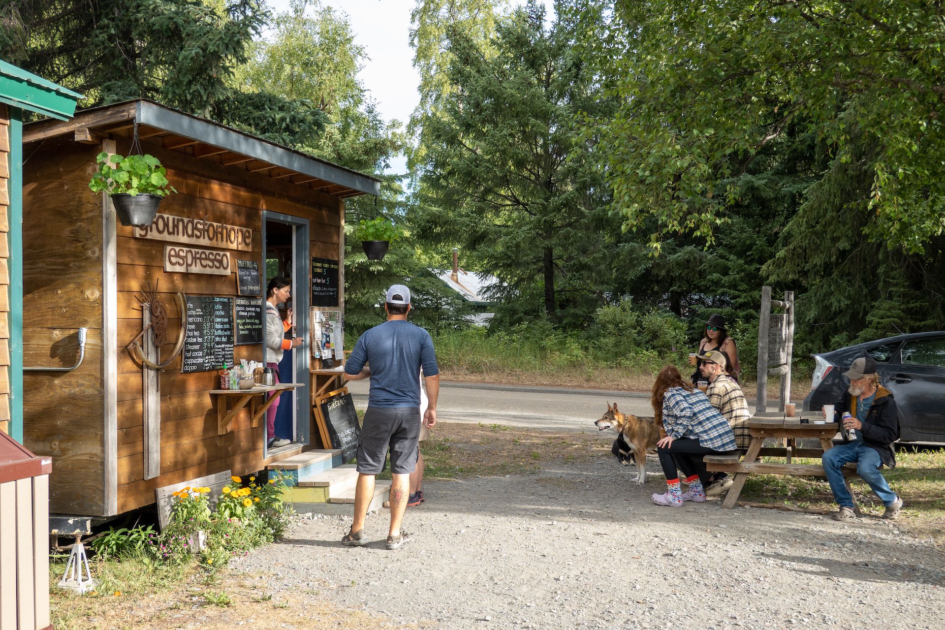Breakfast burritos and coffees for everyone at the cute coffeeshop near our campground