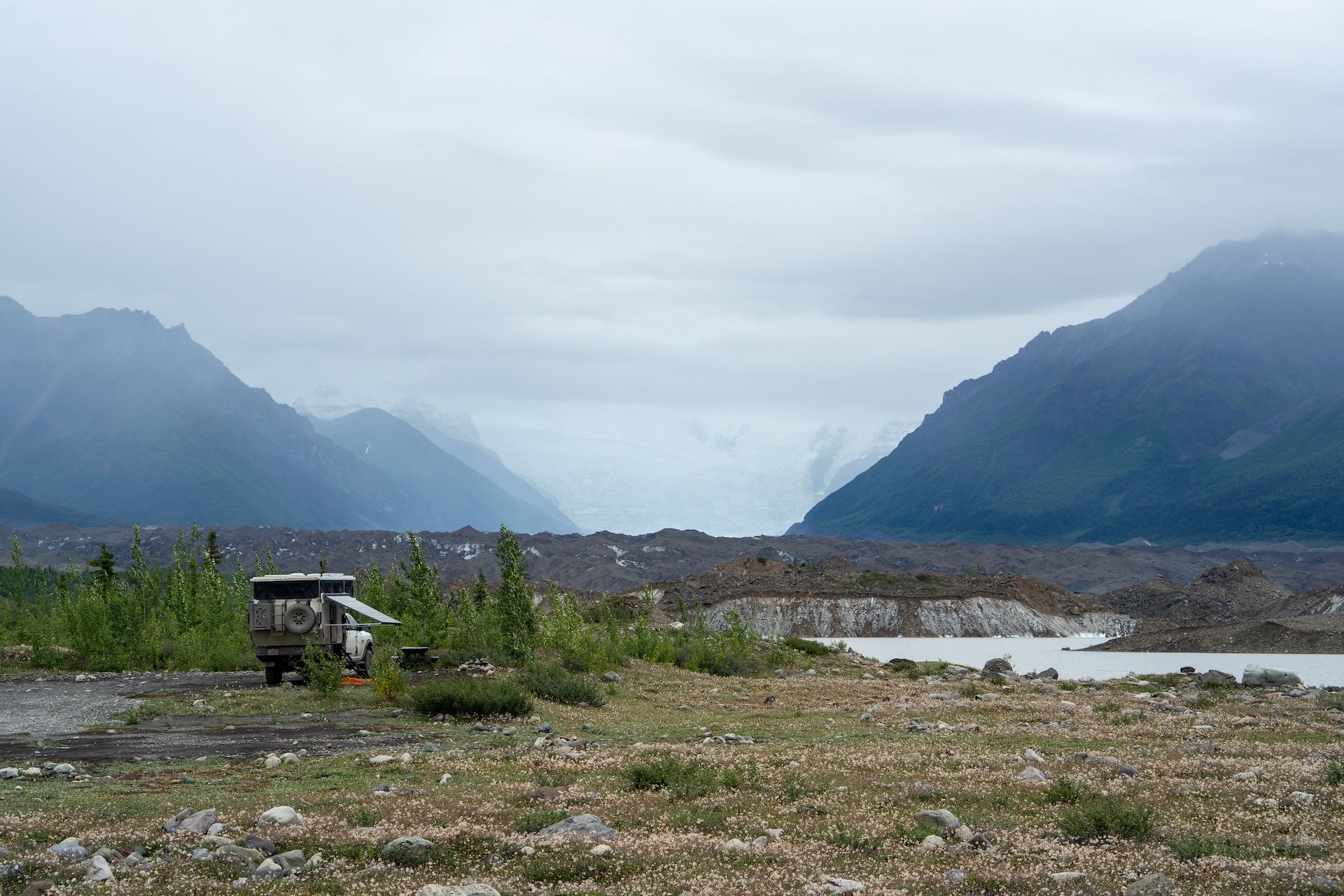 Camping in front of the toe of Kennicott Glacier with Root Glacier in the back. Majestic!