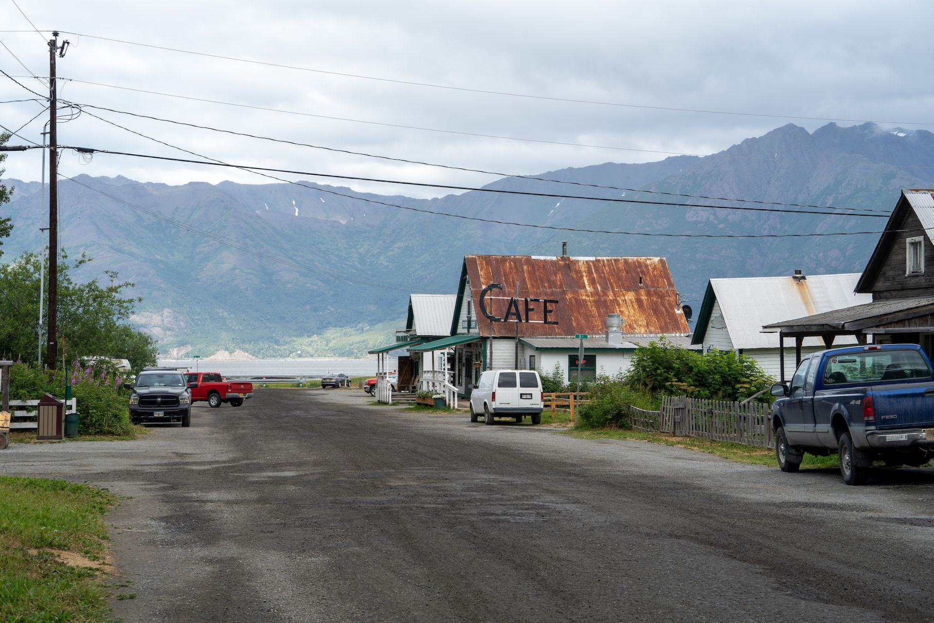 Seaview Cafe in Hope, AK with the campground in the back