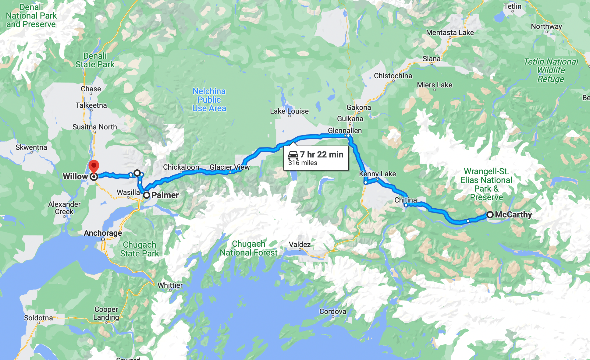 Our route for the 5th week in Alaska