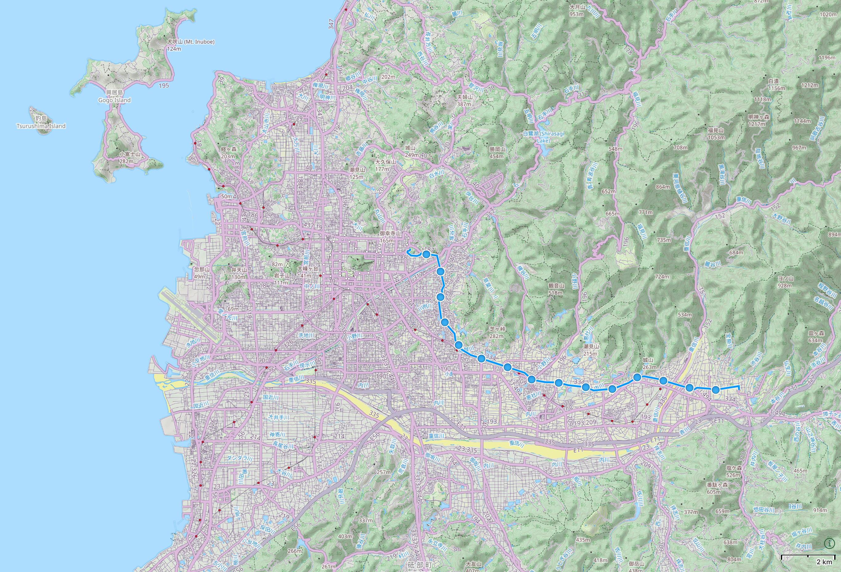 Map of Ehime Prefecture with author’s route between Matsuyama and Tōon highlighted.