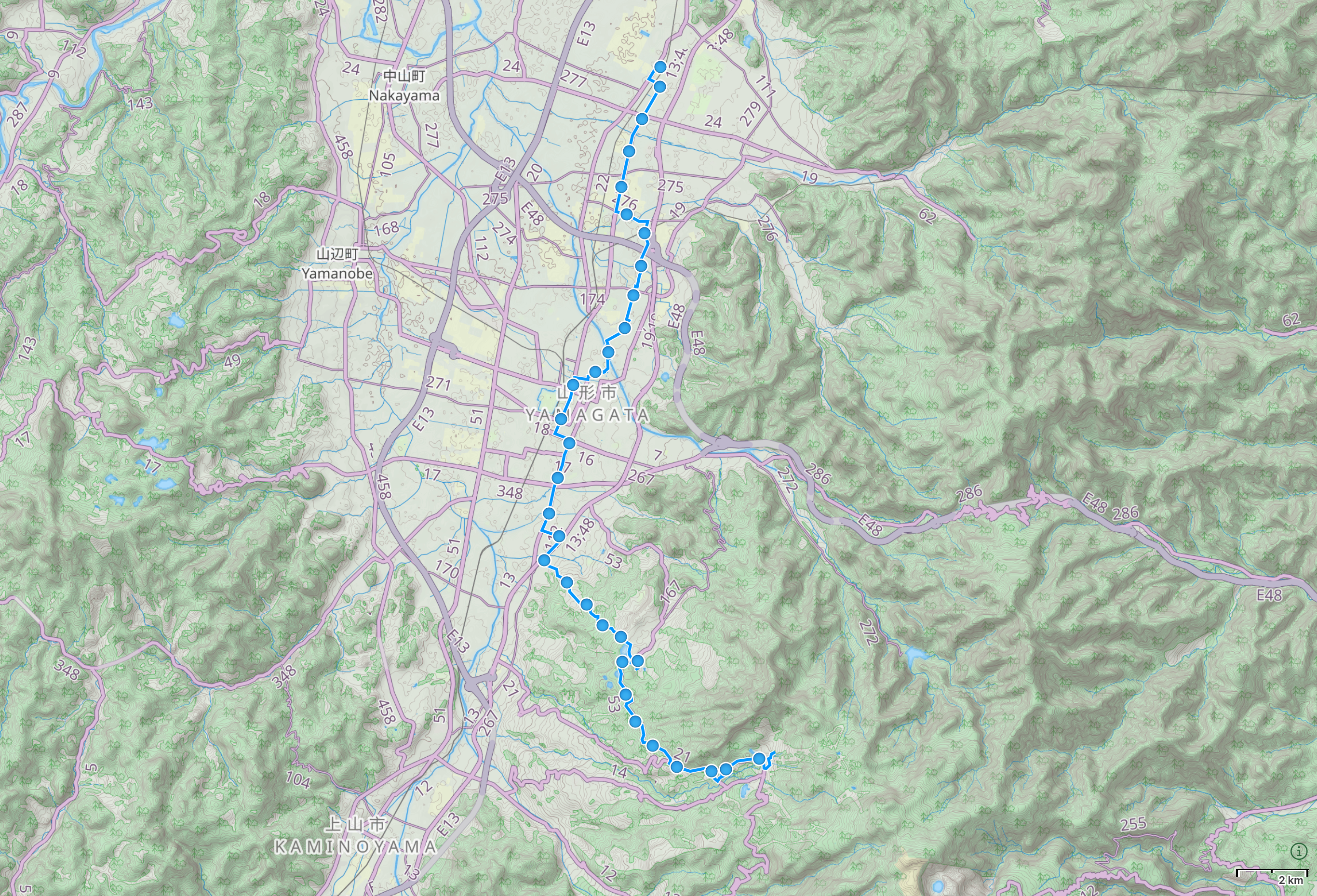 Map of Yamagata prefecture with author’s route from Zaō Hot Spring to Tendō highlighted.