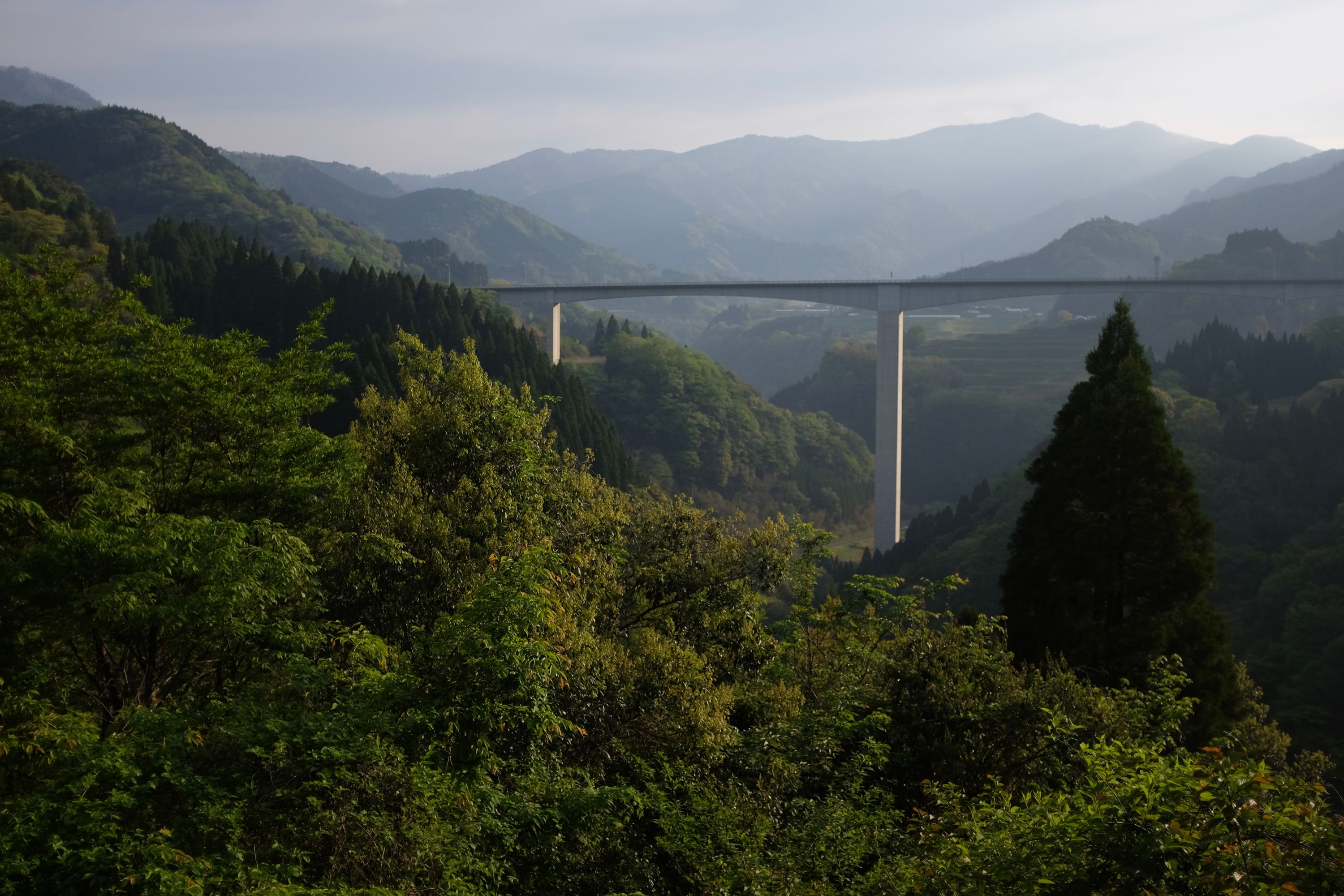 A very high and long bridge spans a valley.