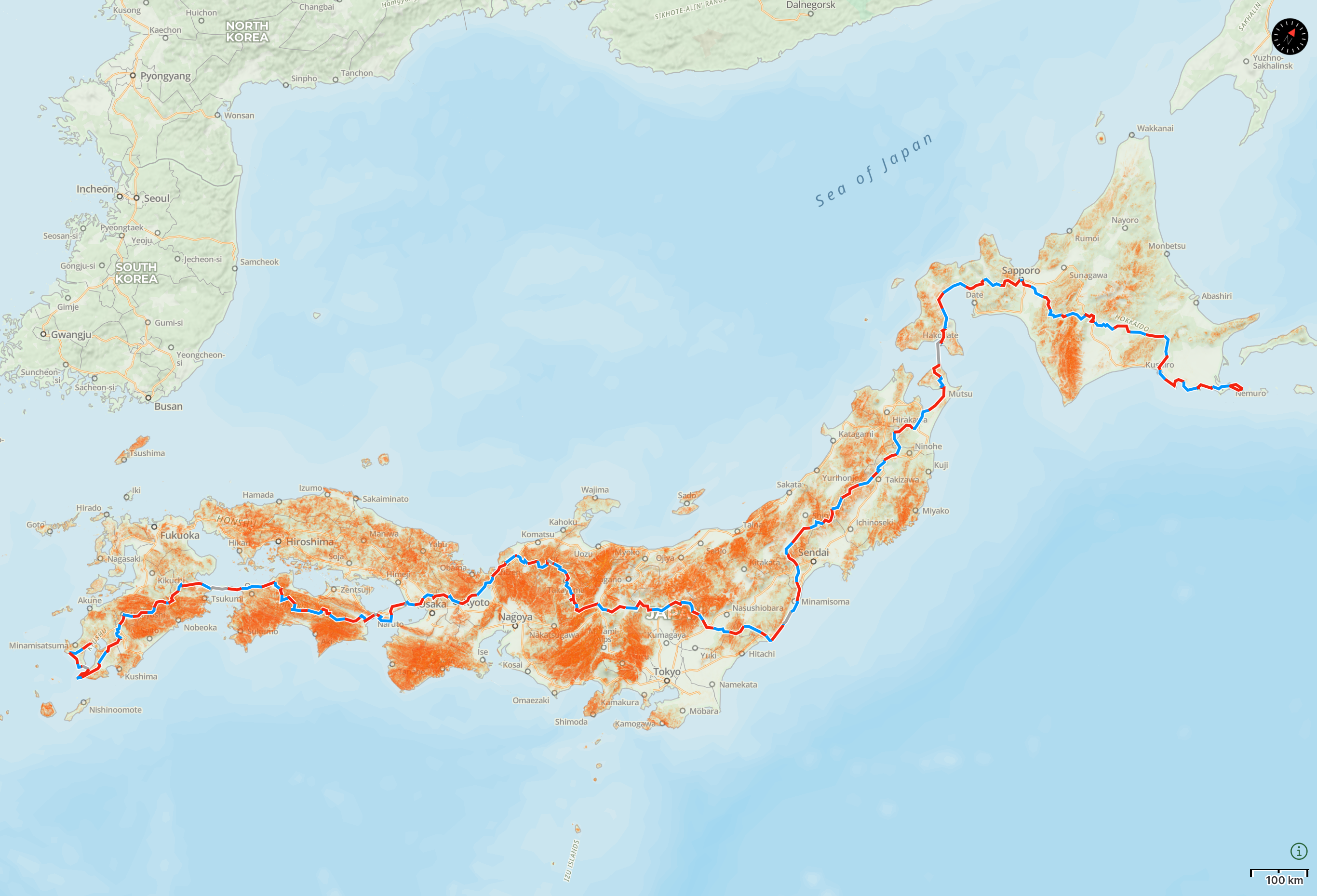 Map of Japan with the route of “These Walking Dreams” highlighted.