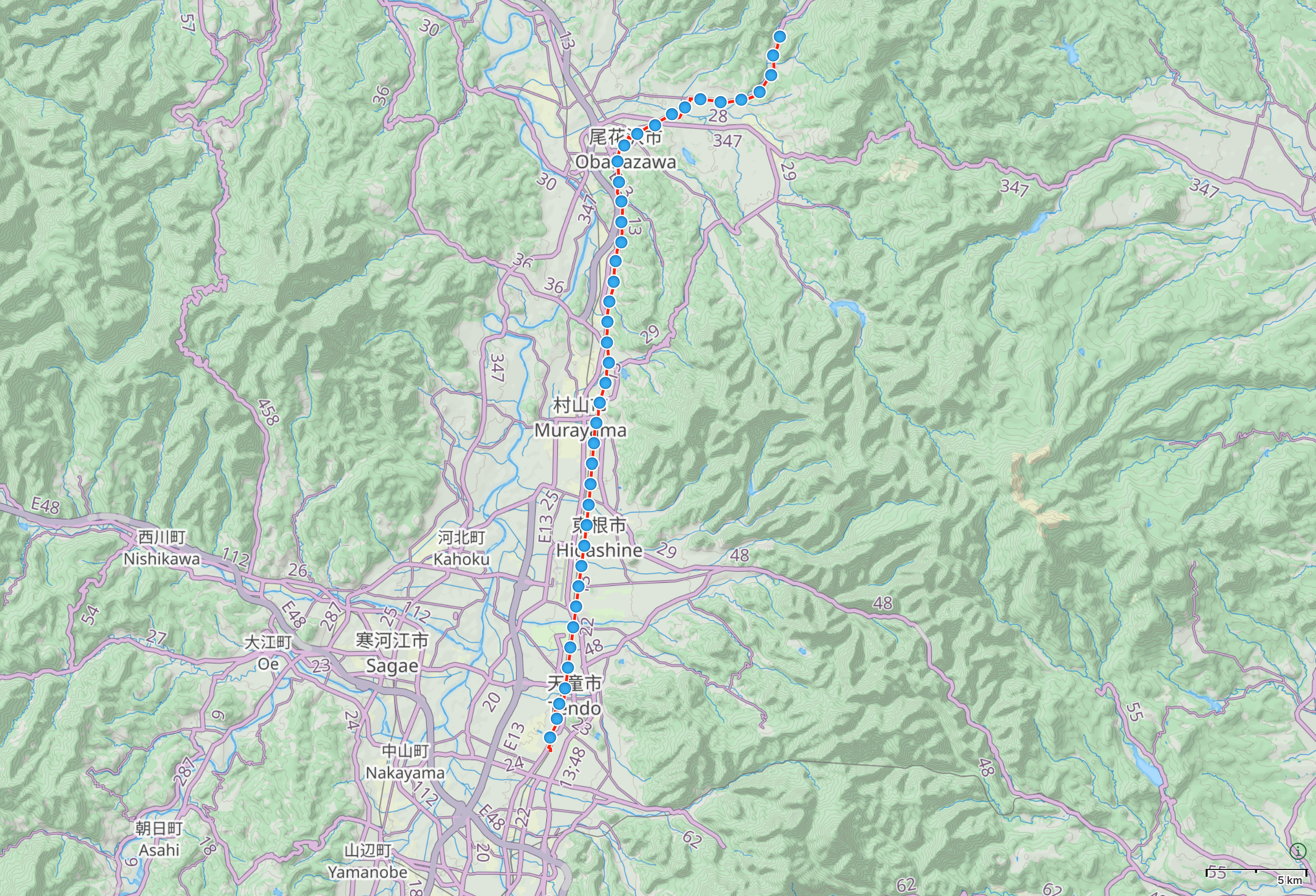 Map of Yamagata prefecture with author’s route from Tendō to Tomiyama highlighted.