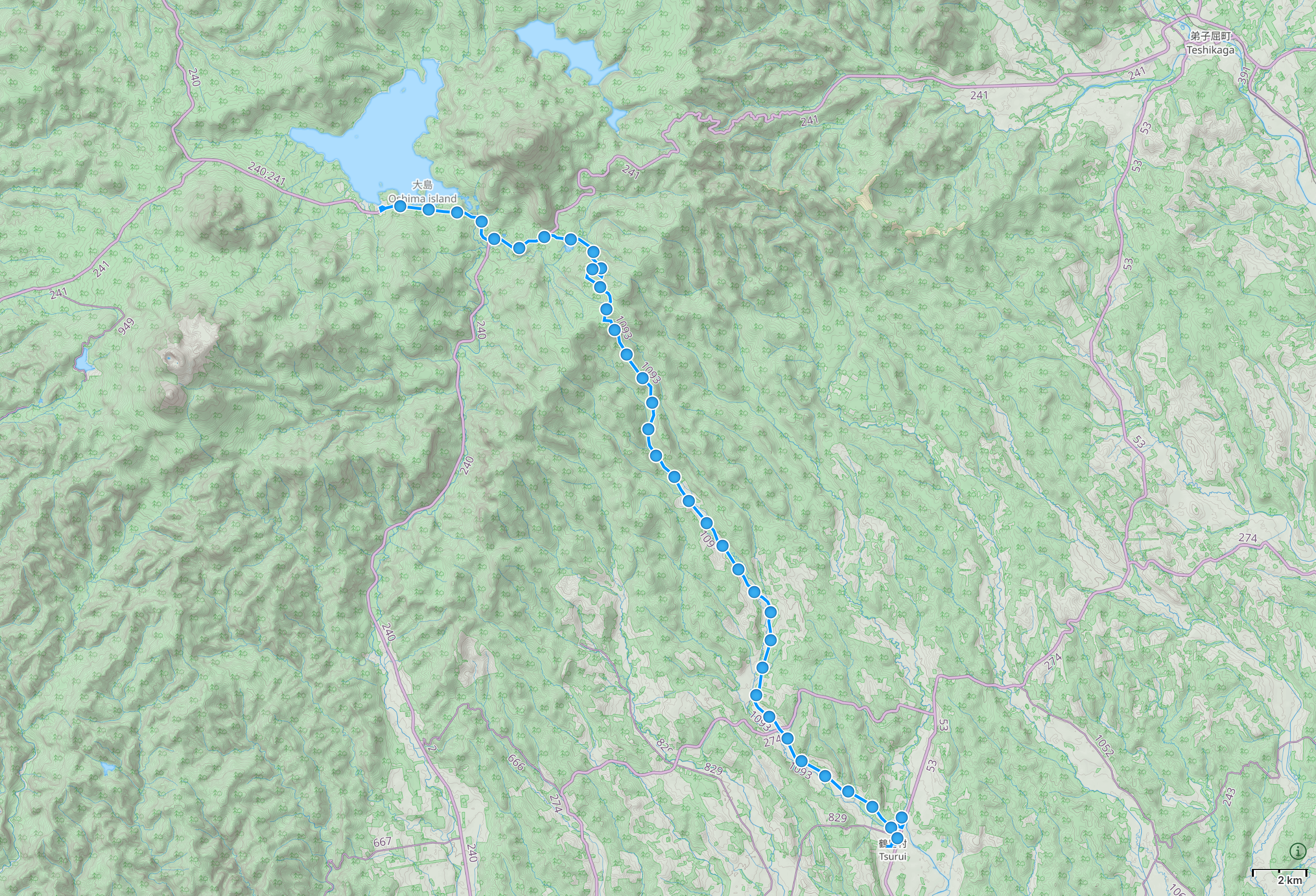 Map of Hokkaido with author’s route from Lake Akan Hot Spring to Tsurui highlighted.