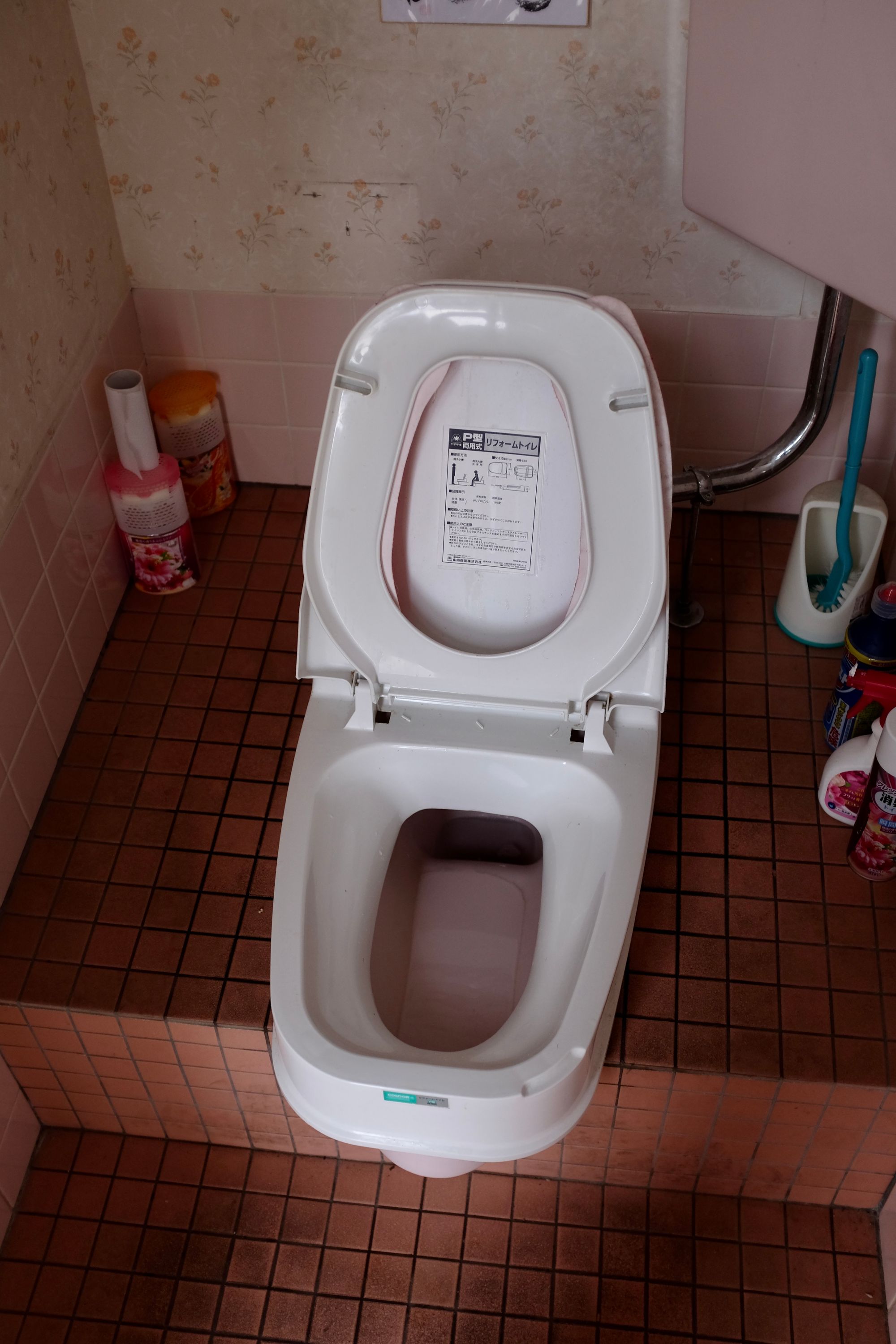 A Western toilet installed on the raised platform of a Japanese-style squat toilet.