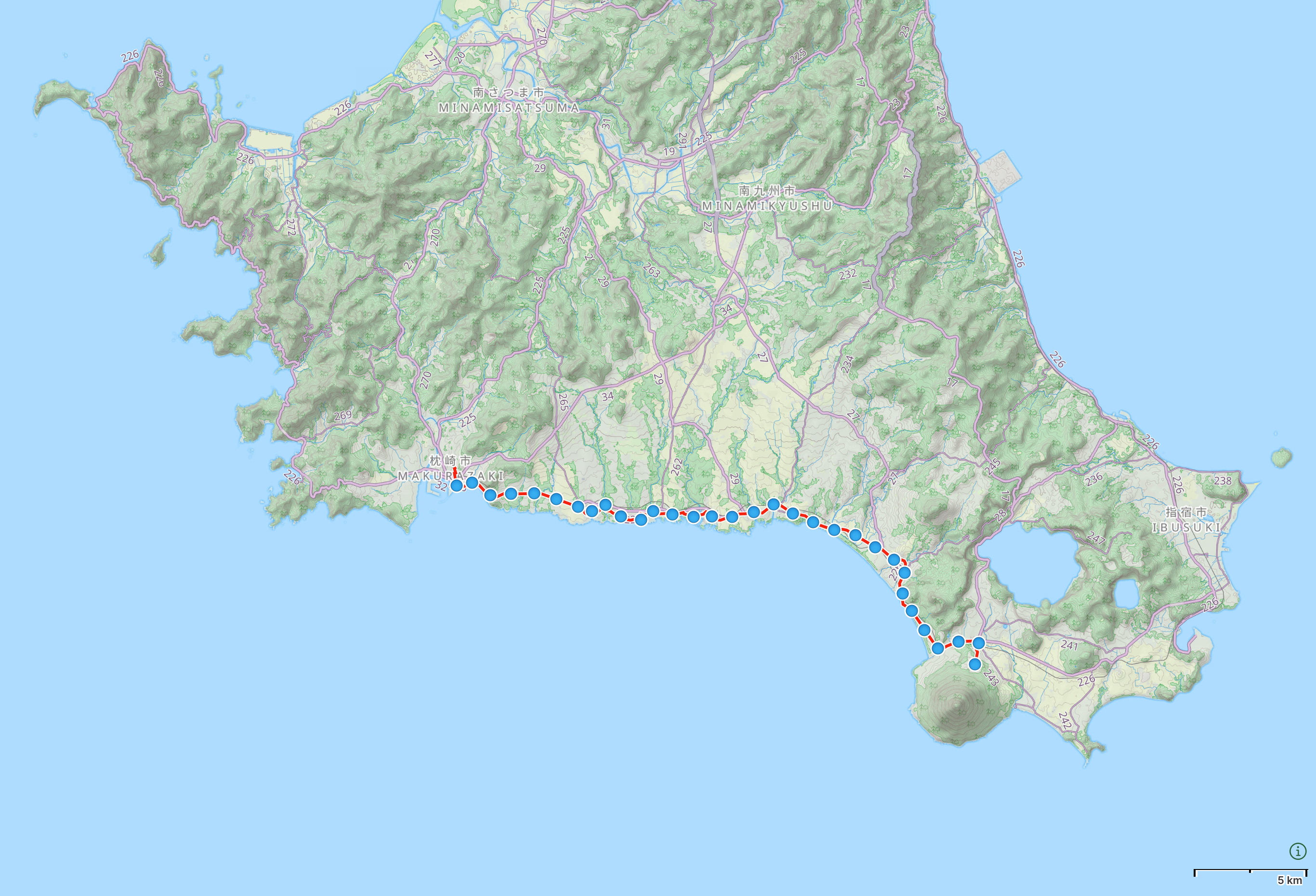 Map of Kagoshima Prefecture with author’s route between Makurazaki and Kaimon highlighted.