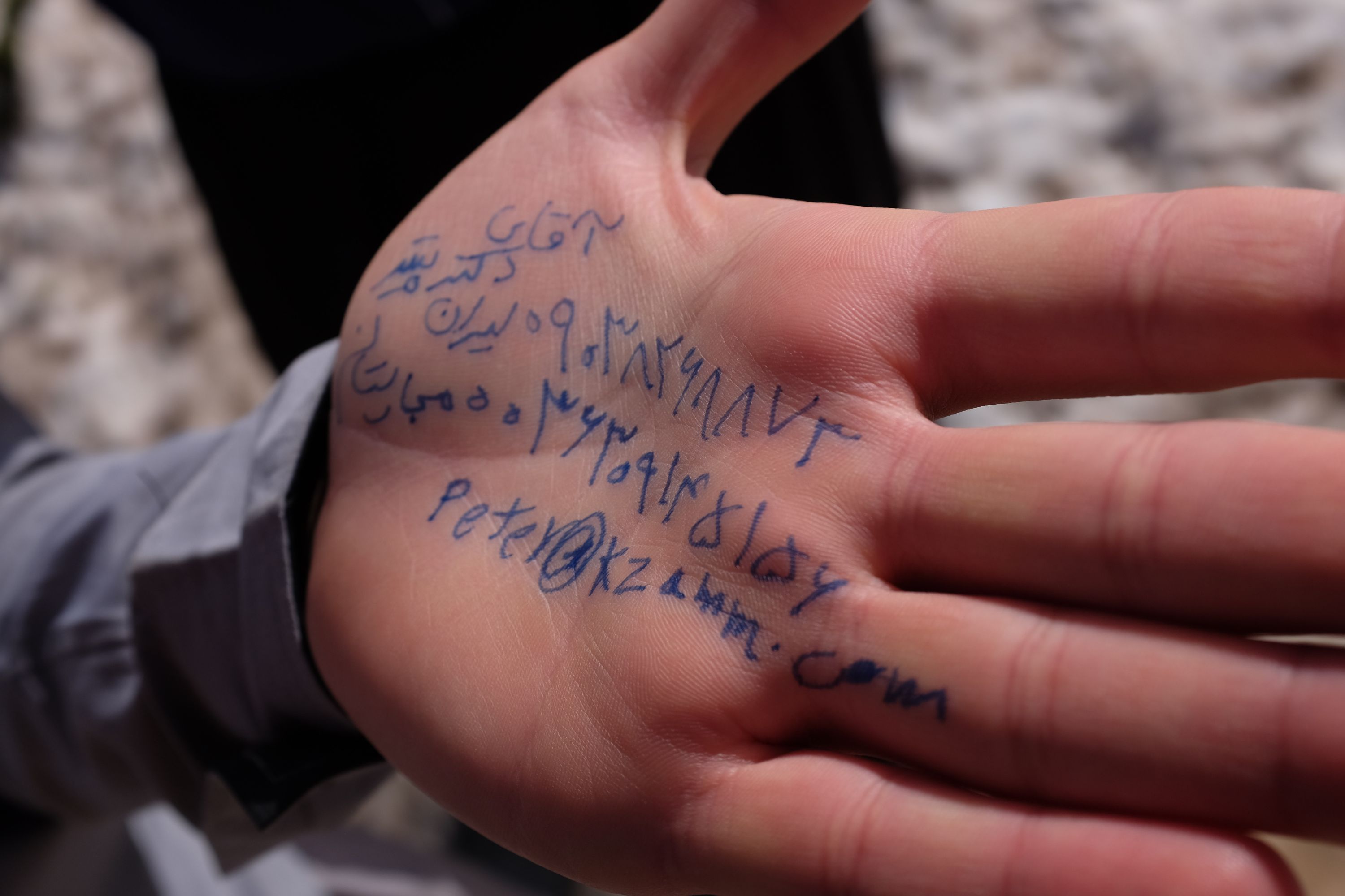 Closeup of a hand with Persian numbers and an email address, my previous one, scrawled on its palm in blue biro.