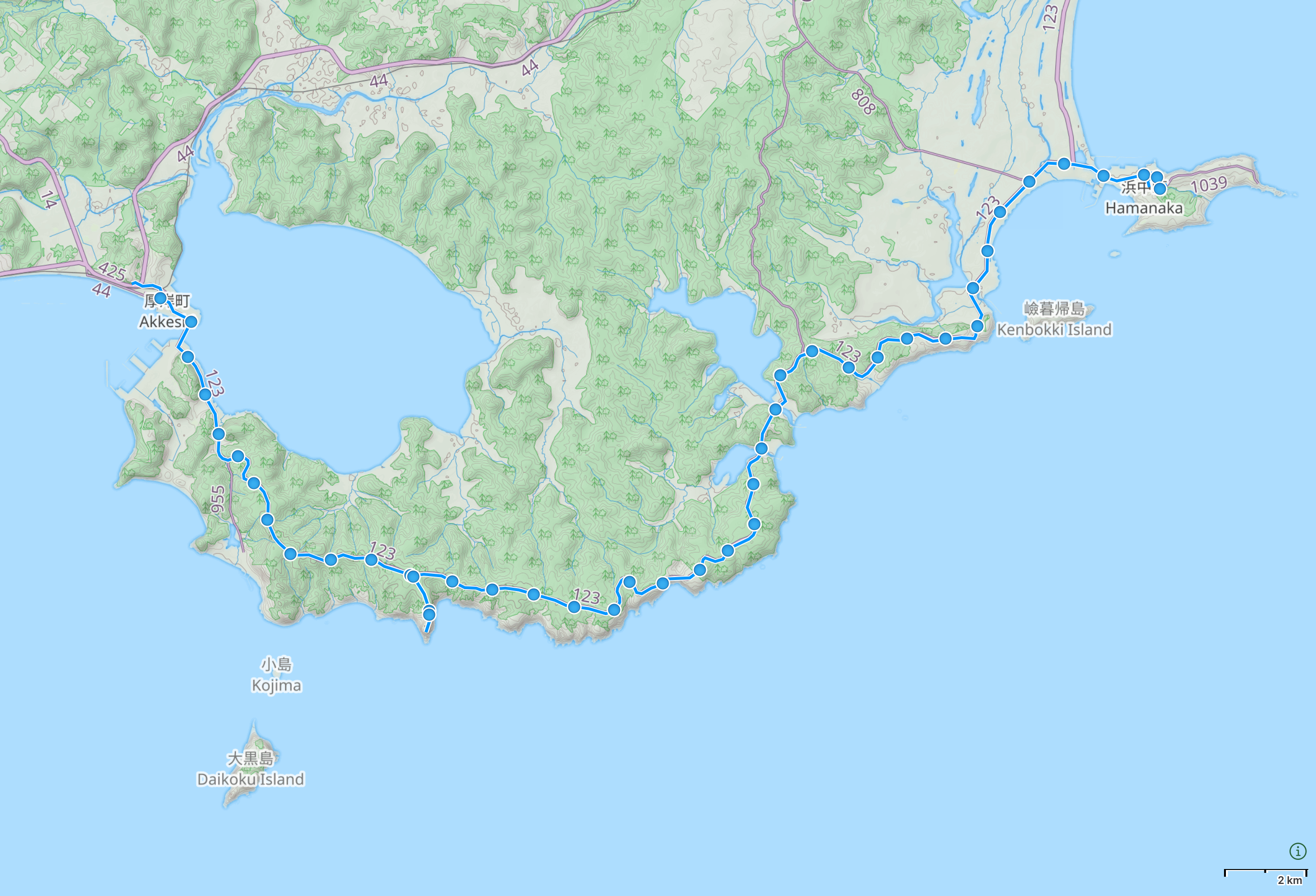 Map of Hokkaido with author’s route from Akkeshi to Hamanaka highlighted.
