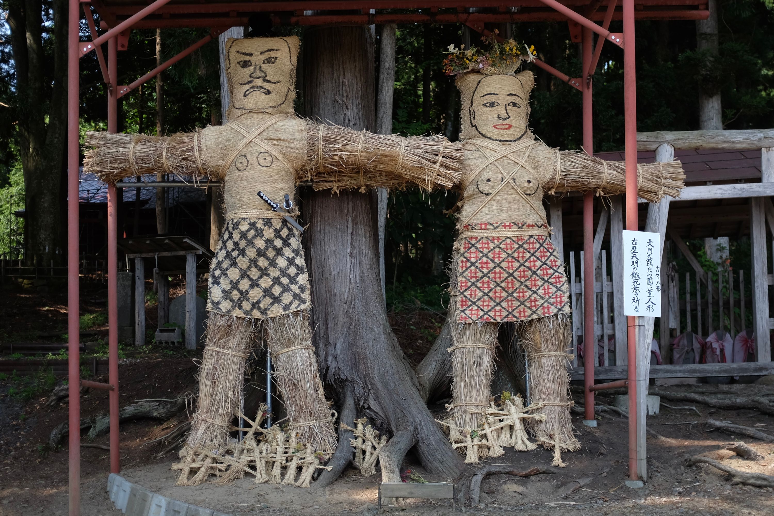 Two large bare-chested human figures made of straw, a man and a woman, stand by a tree.