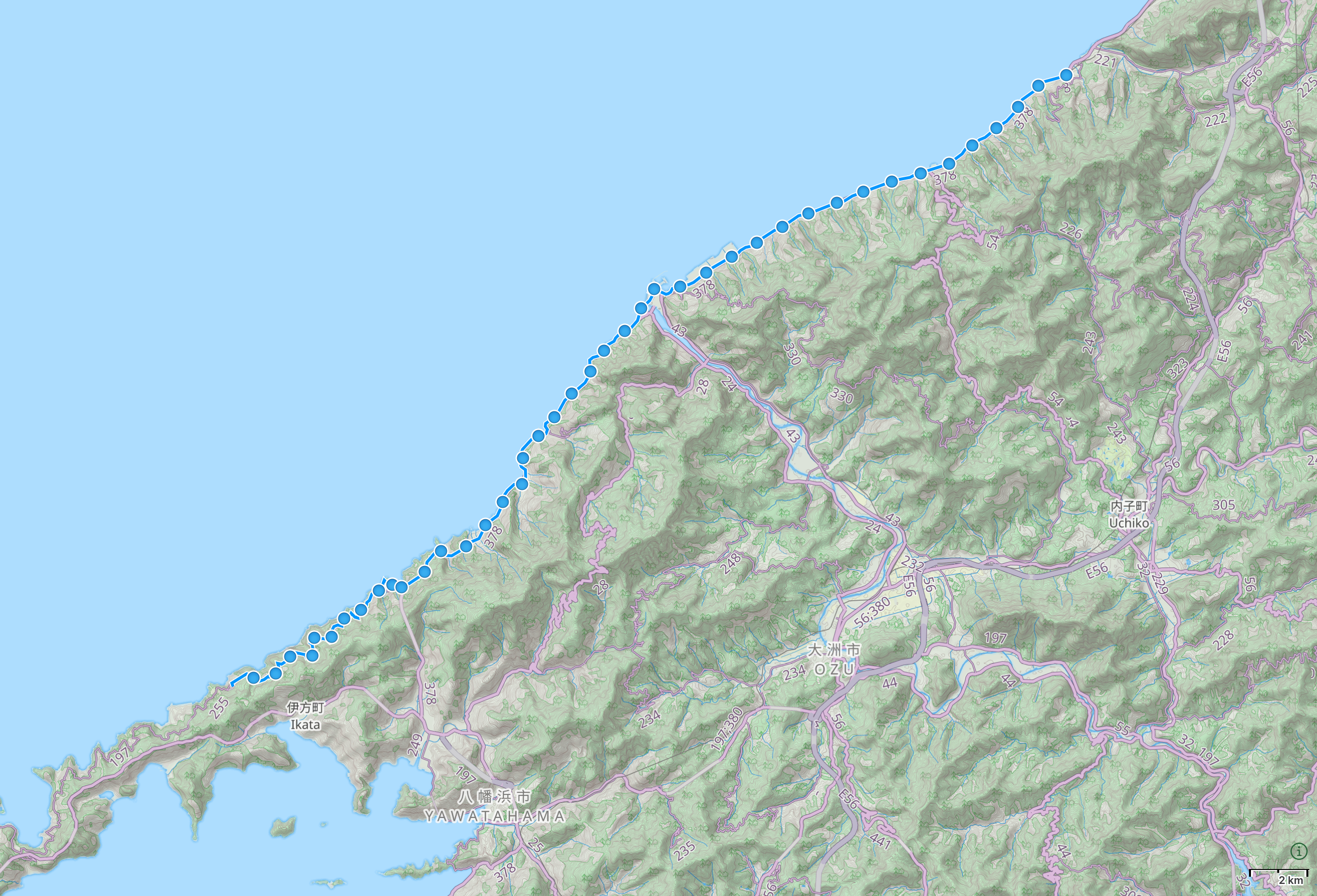 Map of Ehime Prefecture with author’s route between Kameura and Futami highlighted.