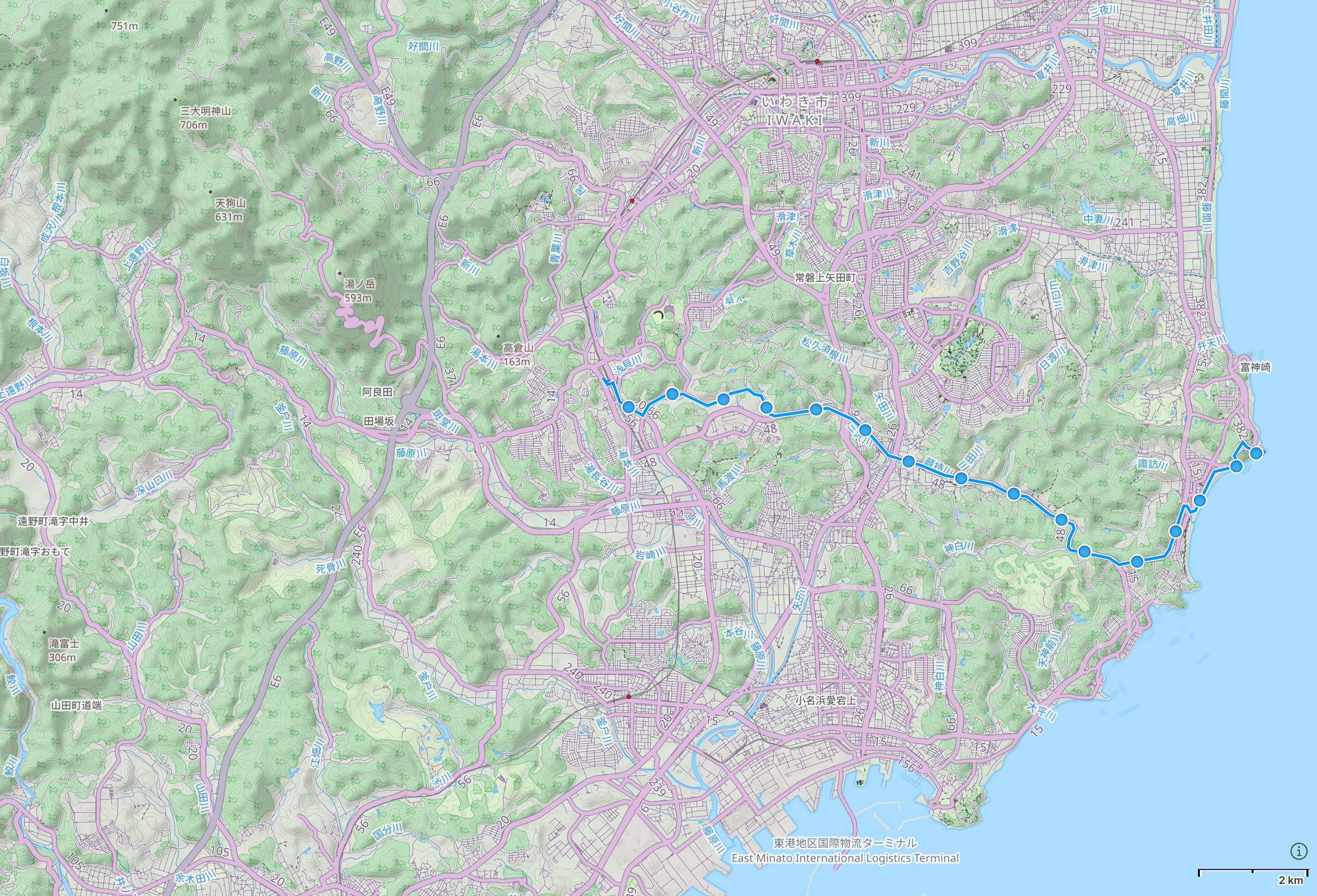 Map of Fukushima with author’s route from Iwaki to Shioyazaki Lighthouse highlighted.