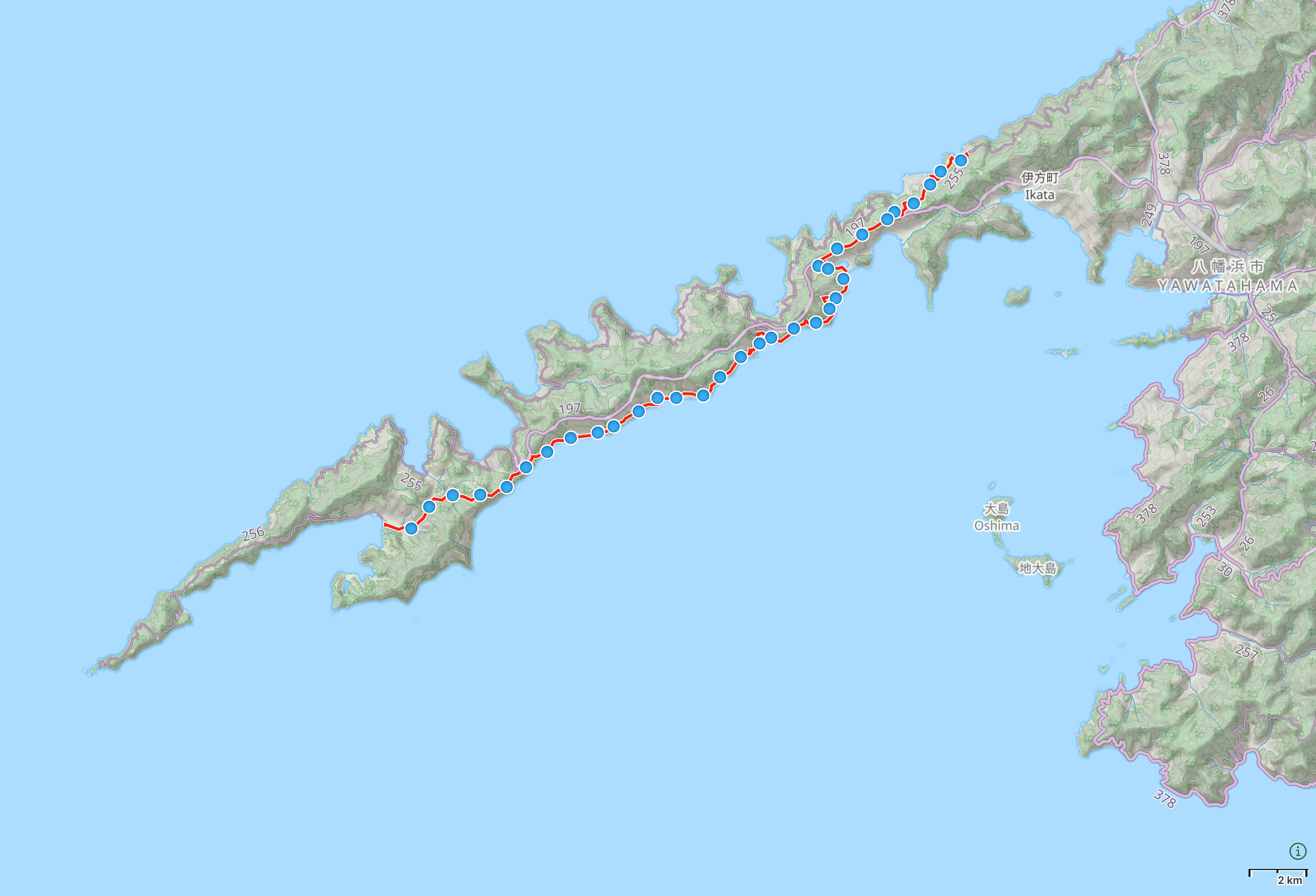 Map of Sadamisaki Peninsula with route between Misaki and Kameura highlighted.