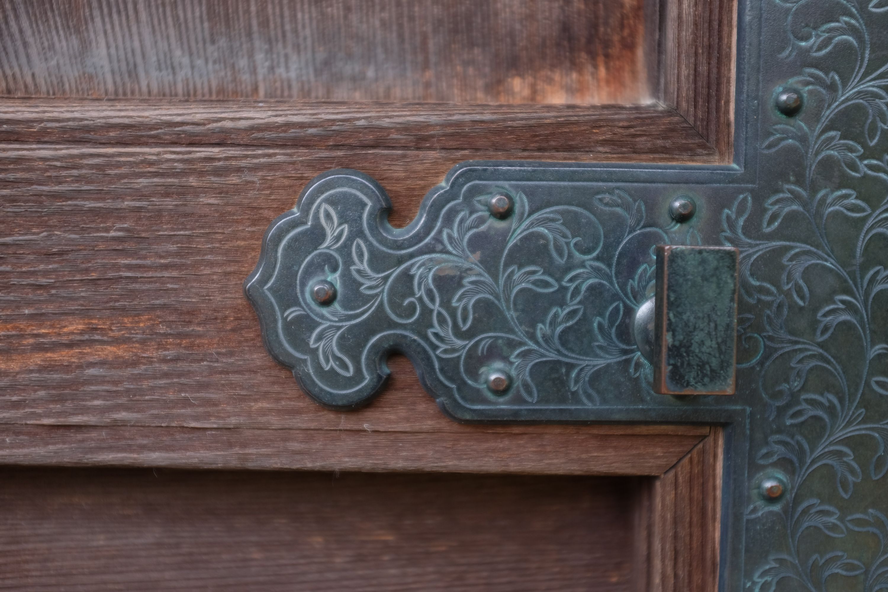 An elaborately carved metal hinge on a wooden door.