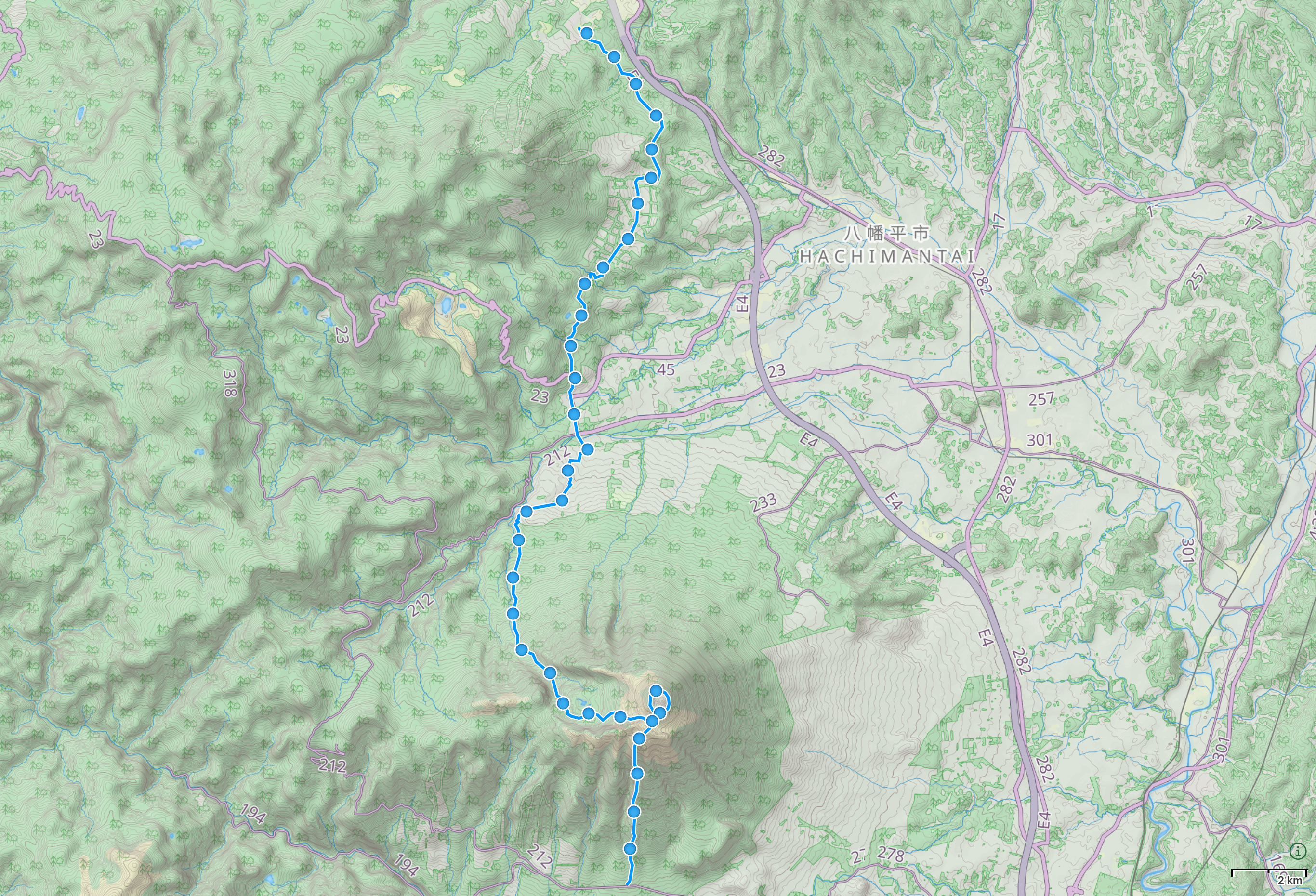 Map of Iwate prefecture with author’s route across Mount Iwate highlighted.