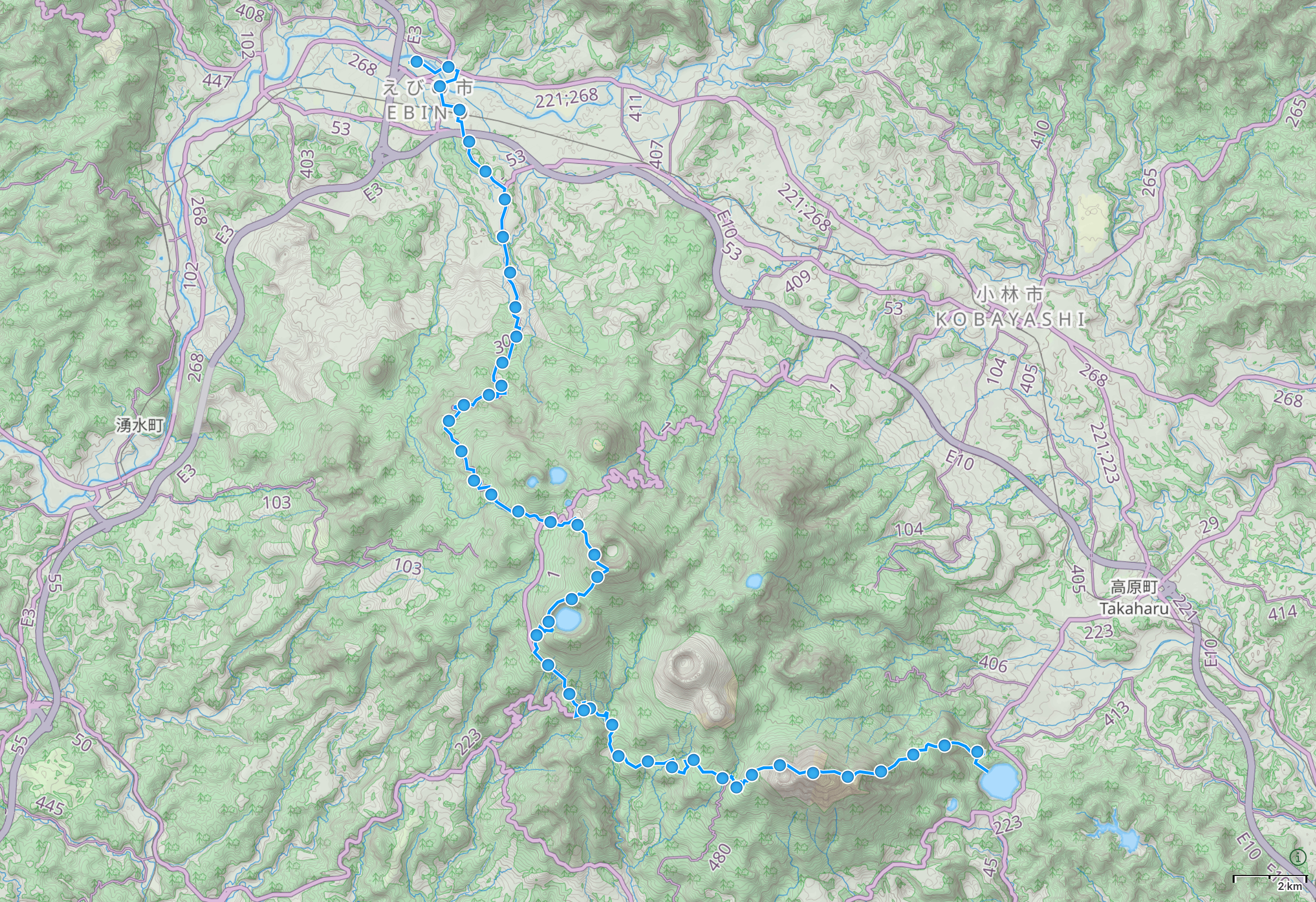 Map of the Kirishima Mountains with author’s route from Lake Miike to Kakutō highlighted.