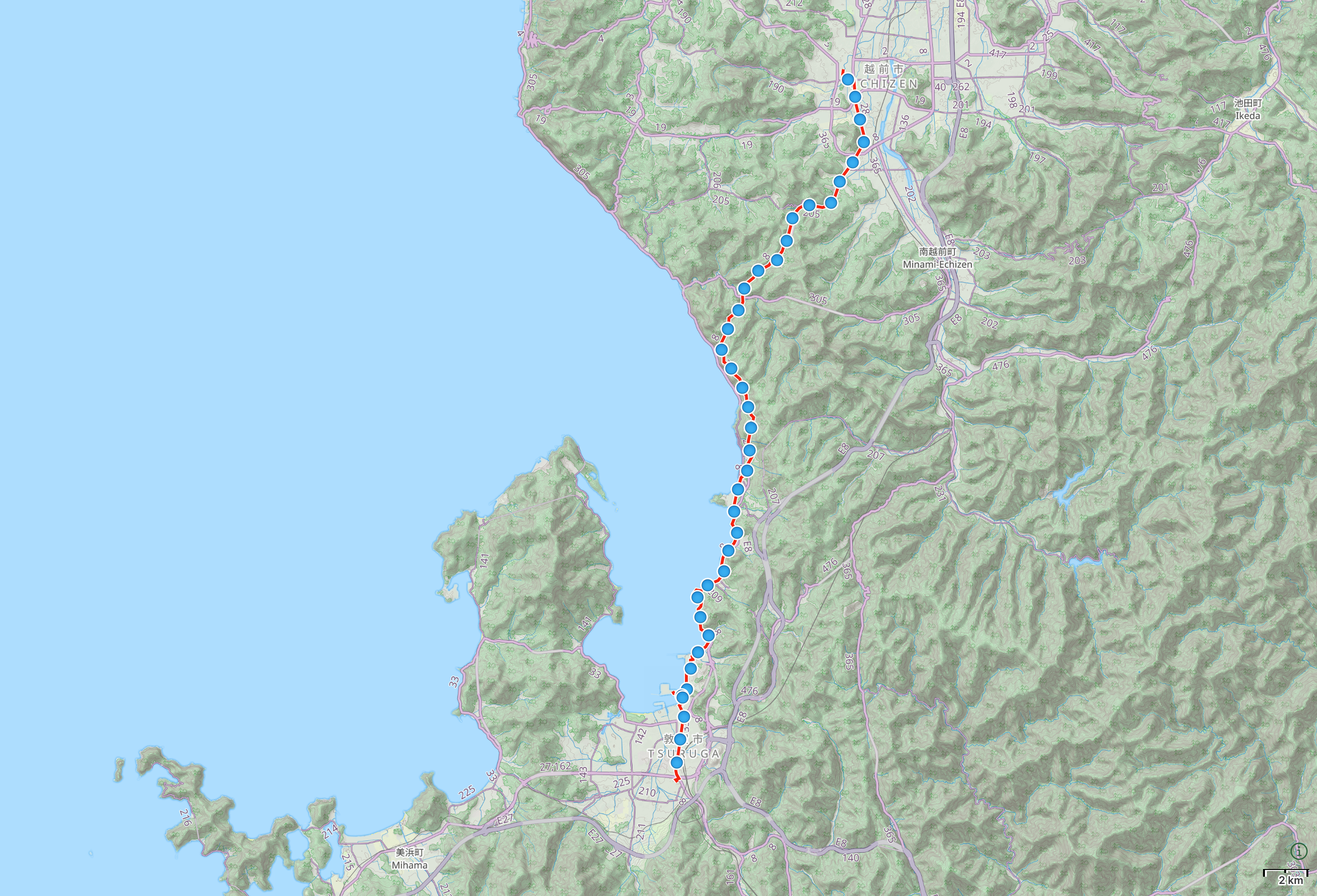 Map of Fukui Prefecture with author’s route between Tsuruga and Echizen highlighted.