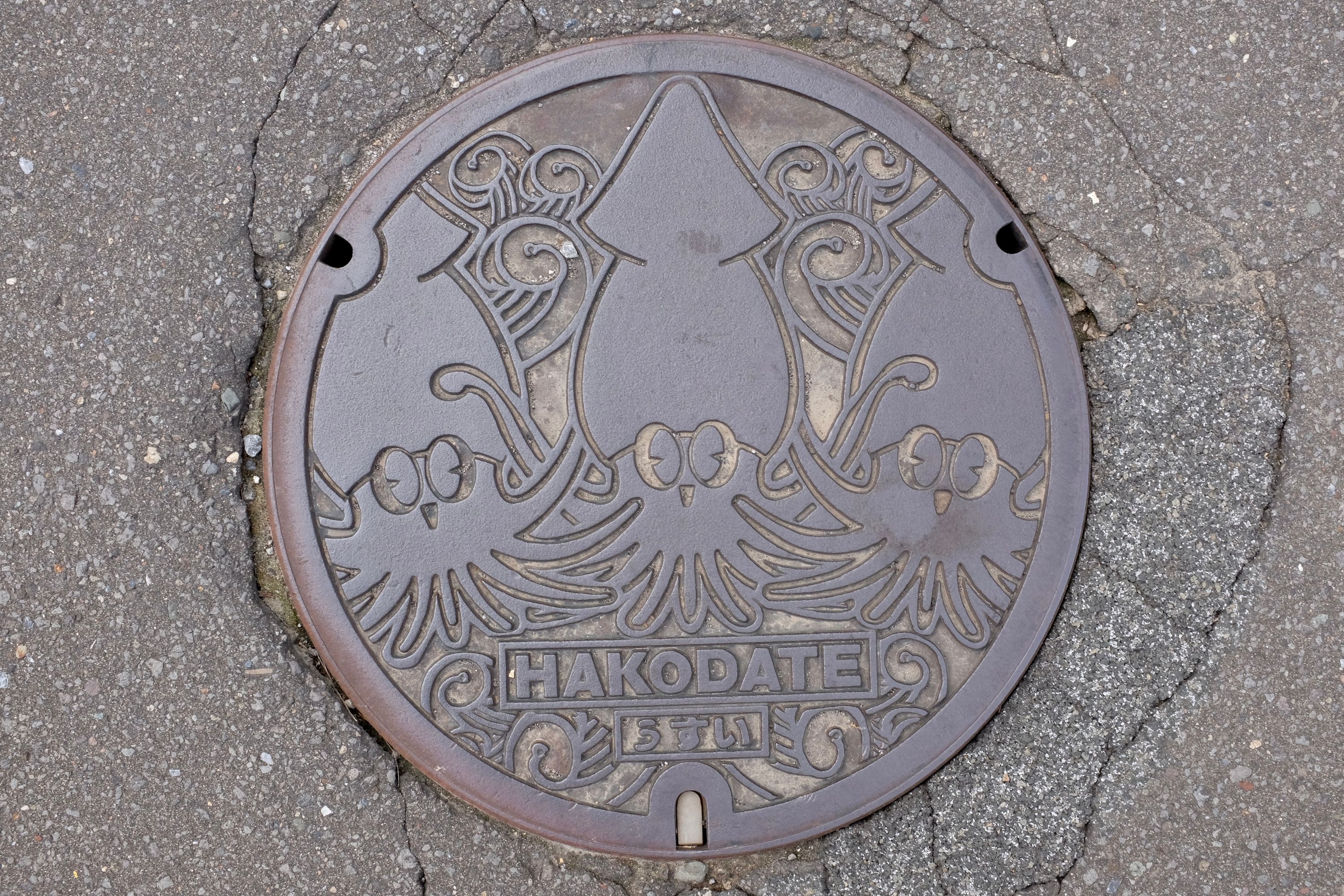 A manhole cover with three squids says Hakodate.