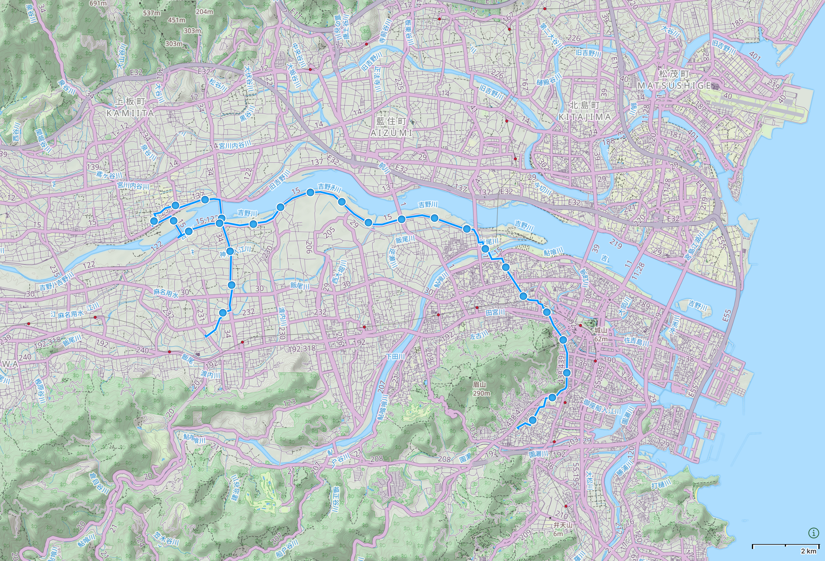 Map of Tokushima Prefecture with author’s route between Ishii and Tokushima City highlighted.