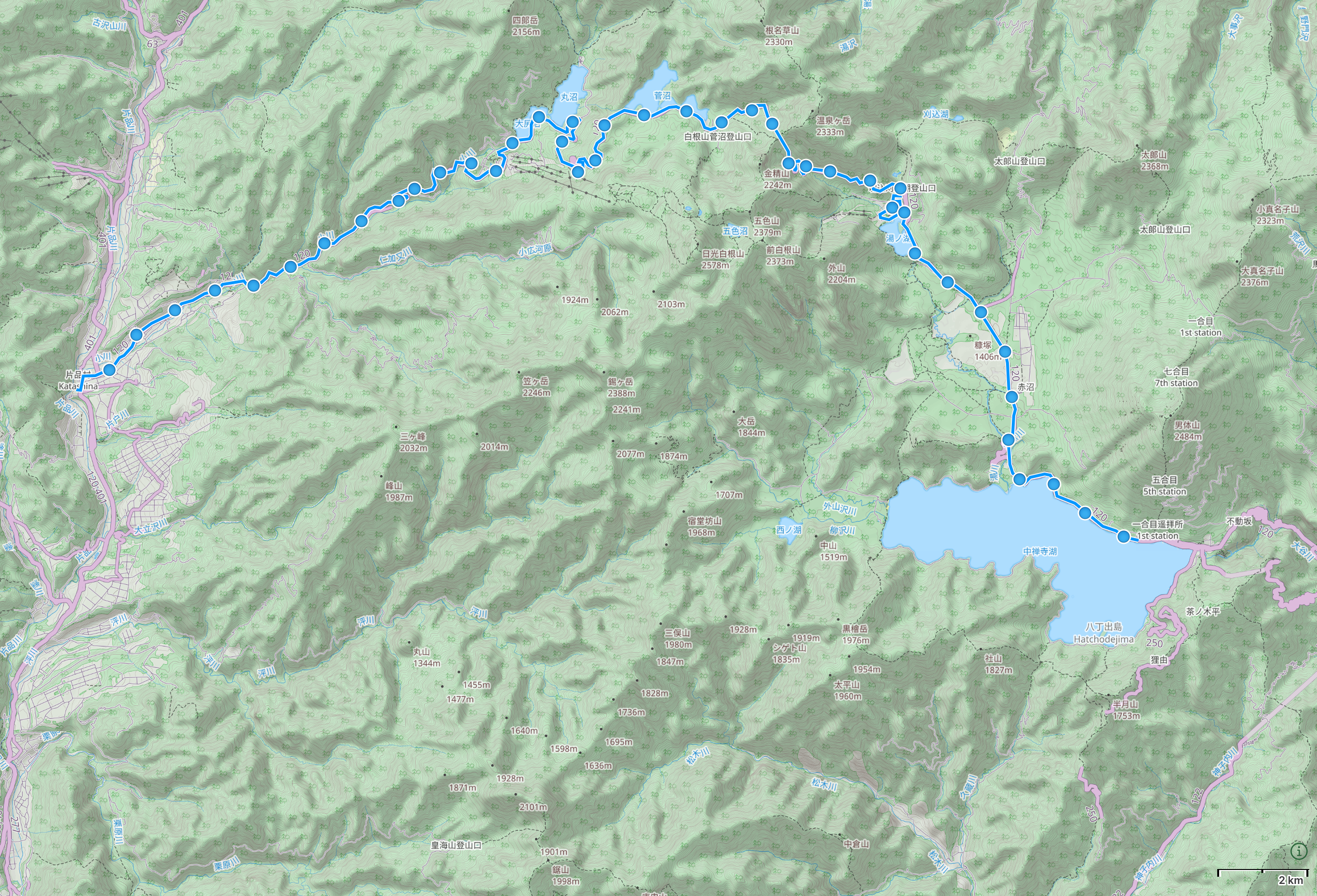Map of Central Honshu with author’s route from Katashina, Gunma to Lake Chūzenji, Tochigi highlighted.
