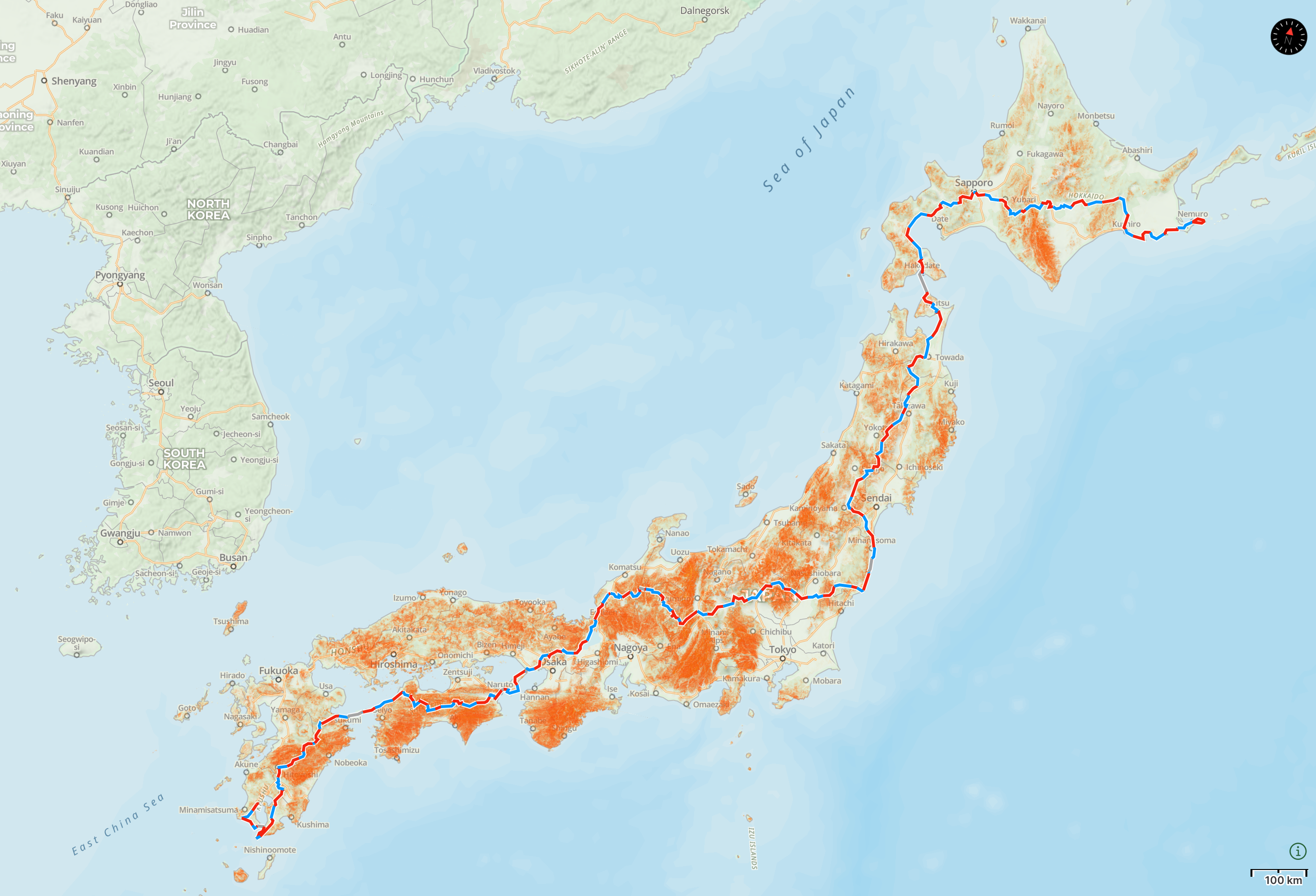 Map of Japan with the route I walked in 2017 highlighted.