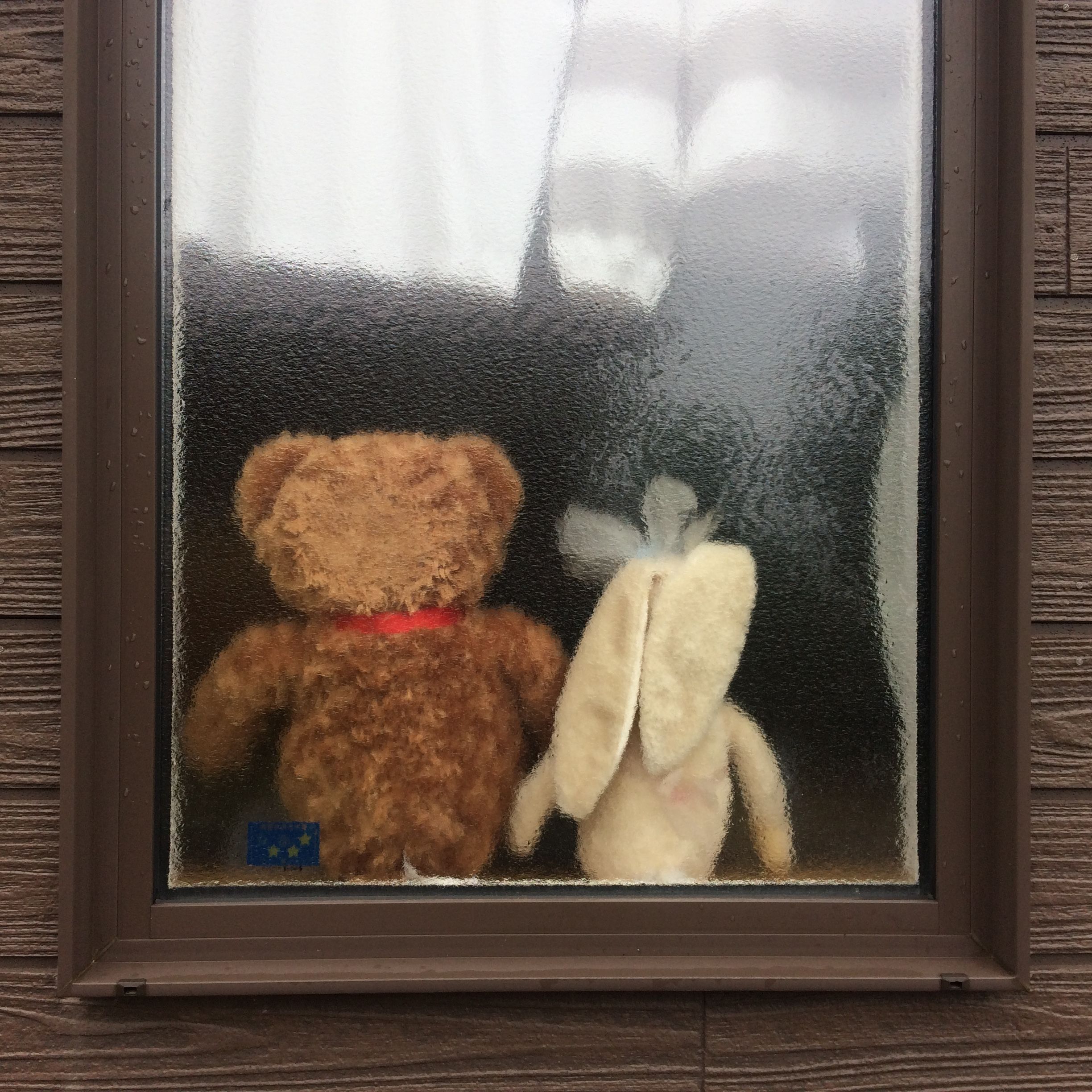 A stuffed bear and a rabbit sit in a window, facing away from the camera.