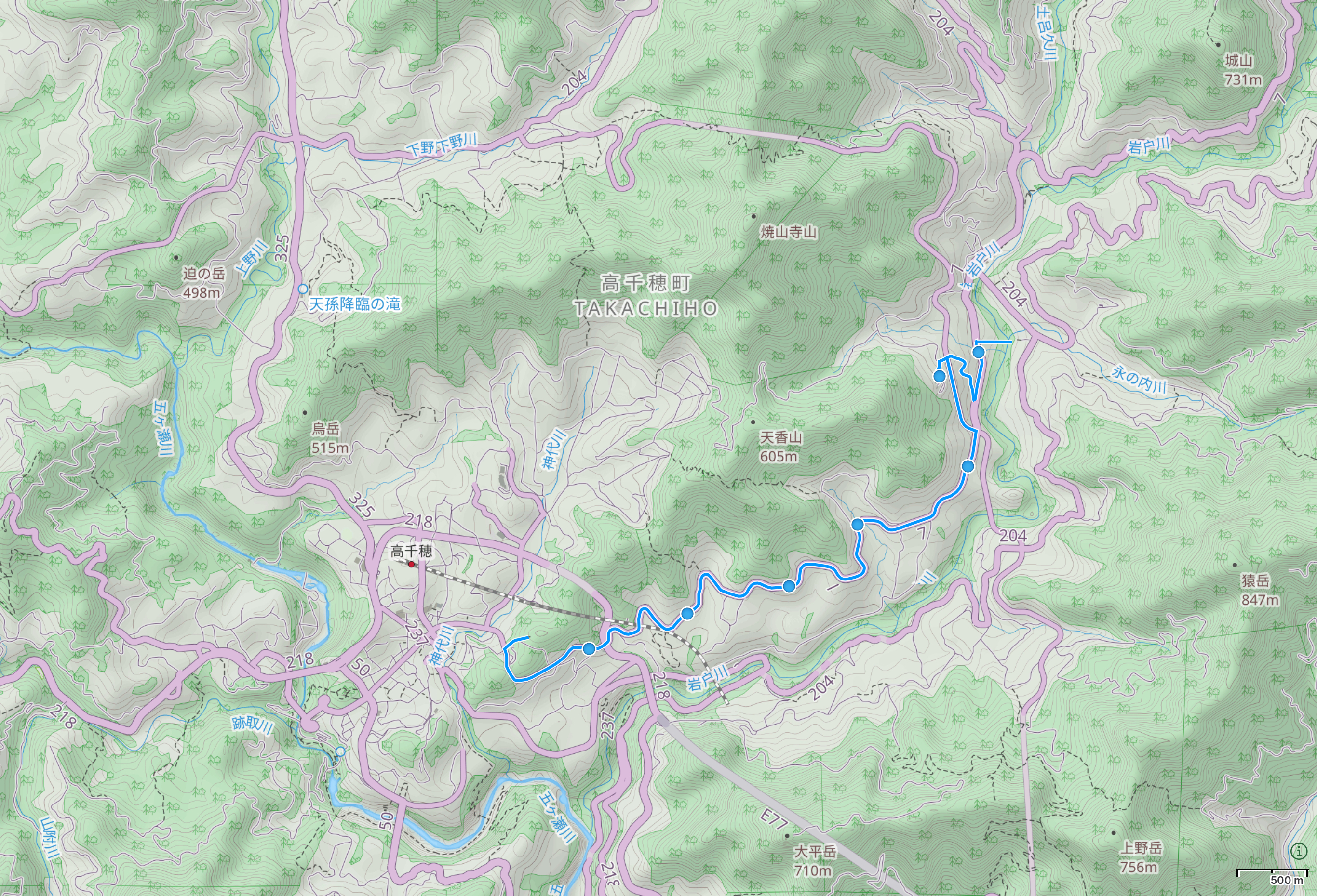 Map of Miyazaki with author’s route in the Takachiho valley highlighted.