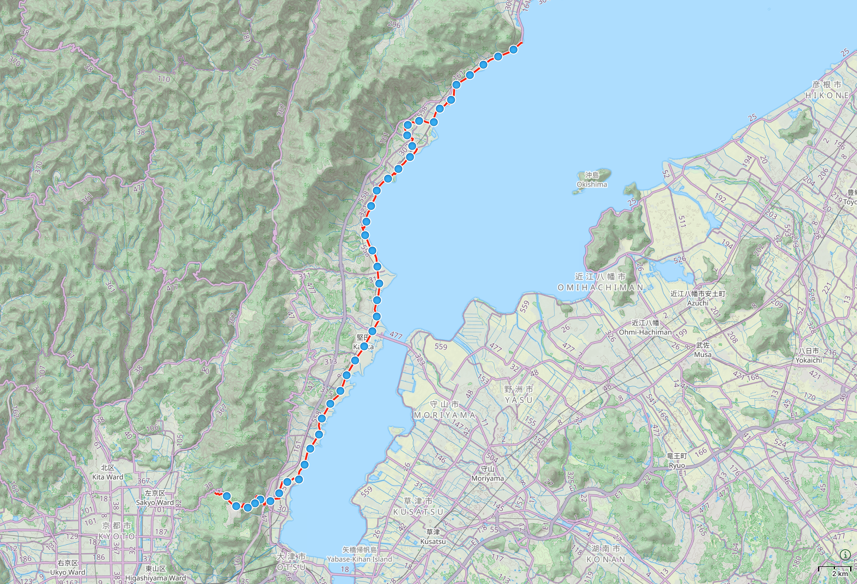 Map of the Lake Biwa area with route between Otsu, Shiga and Shirahige Shrine highlighted.