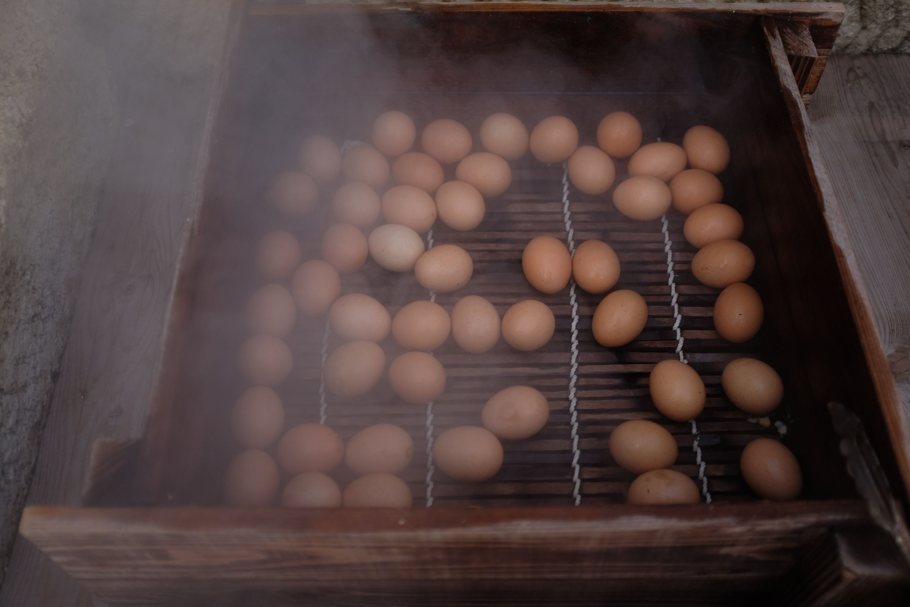 Eggs being steamed in a similar crate.