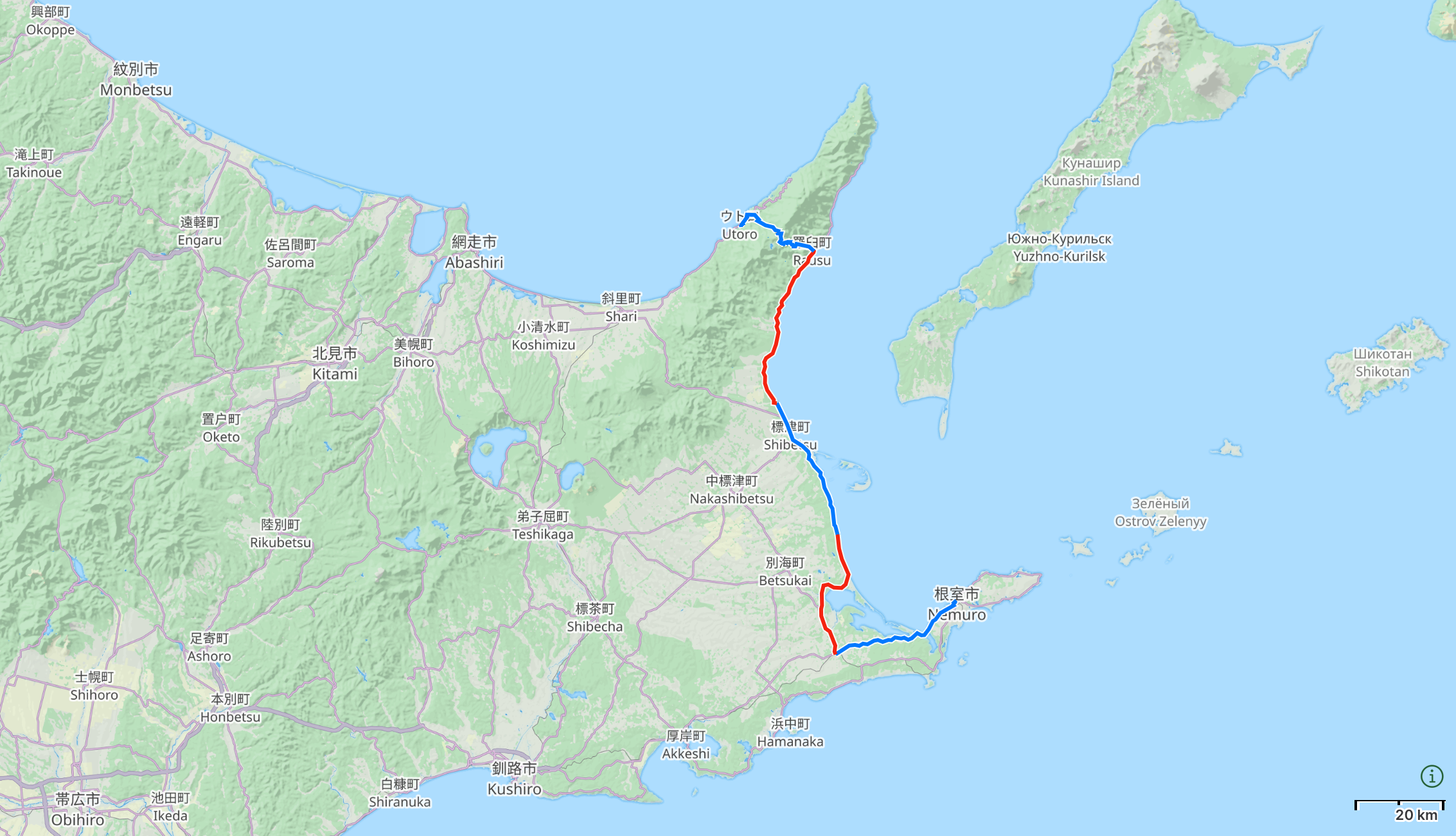 Map of Eastern Hokkaido with author’s route from Nemuro to Utoro highlighted.