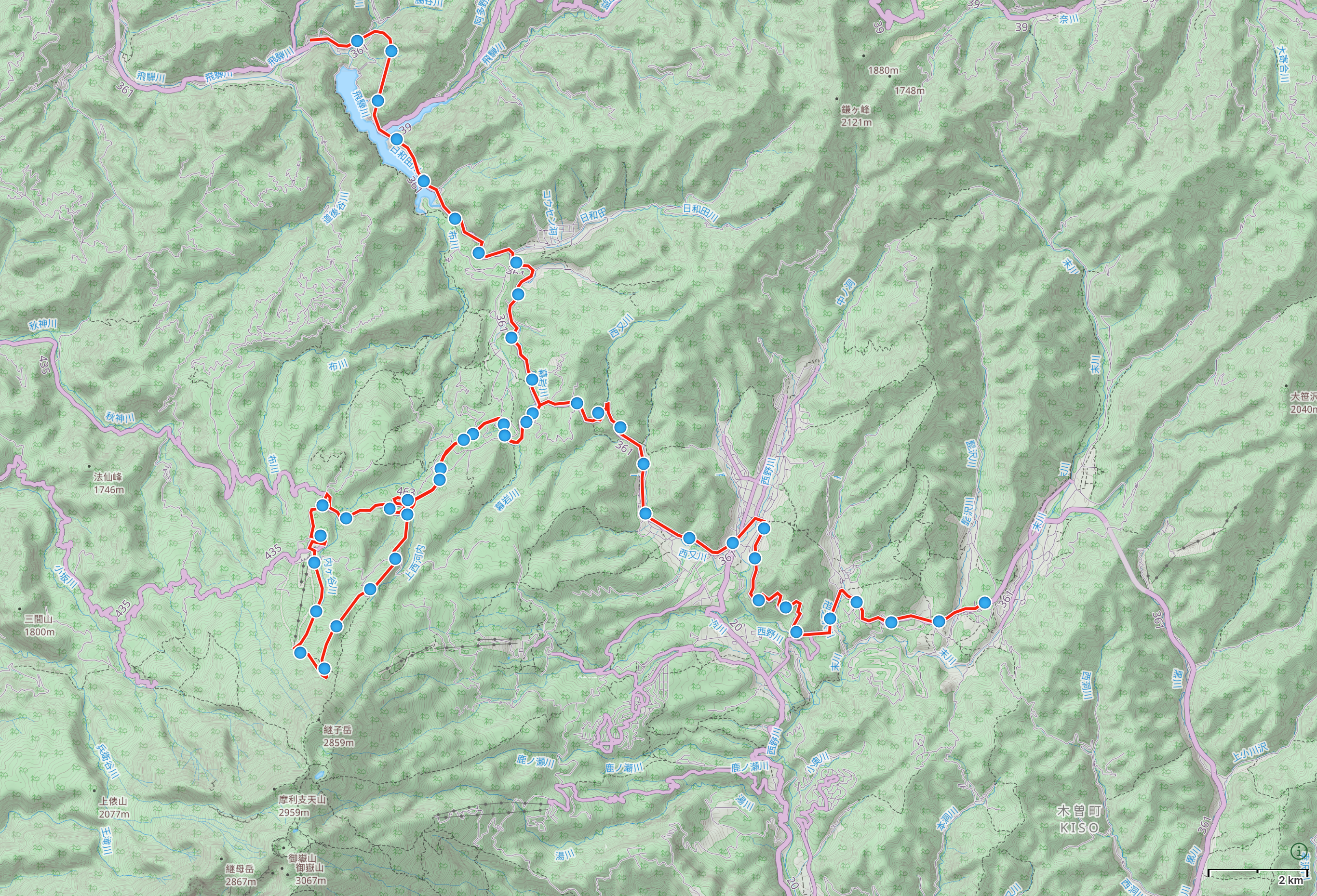 Map of Central Honshu with author’s route from Takane, Gifu to Kaida Plateau, Nagano highlighted.