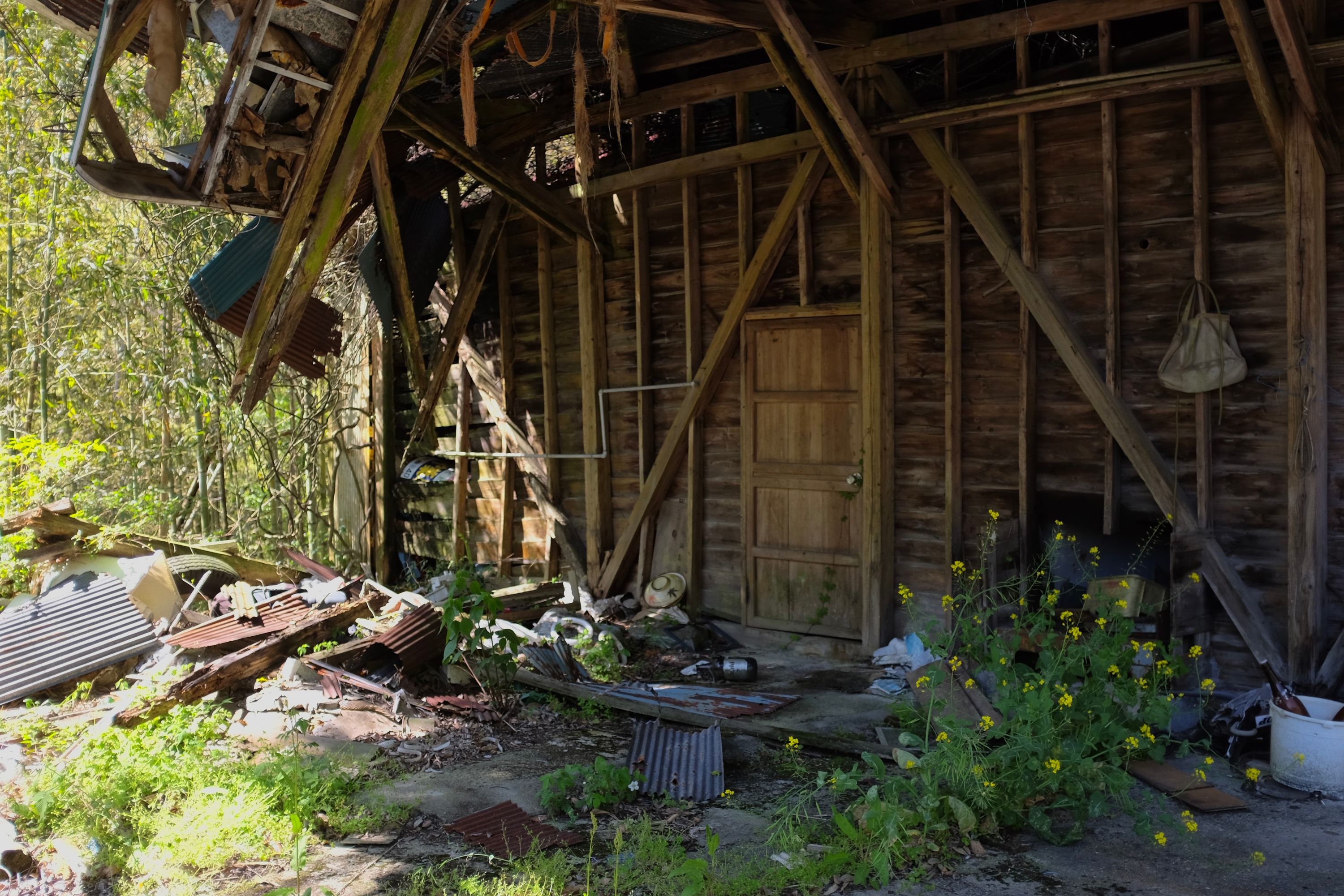 The porch of a dilapidated house.