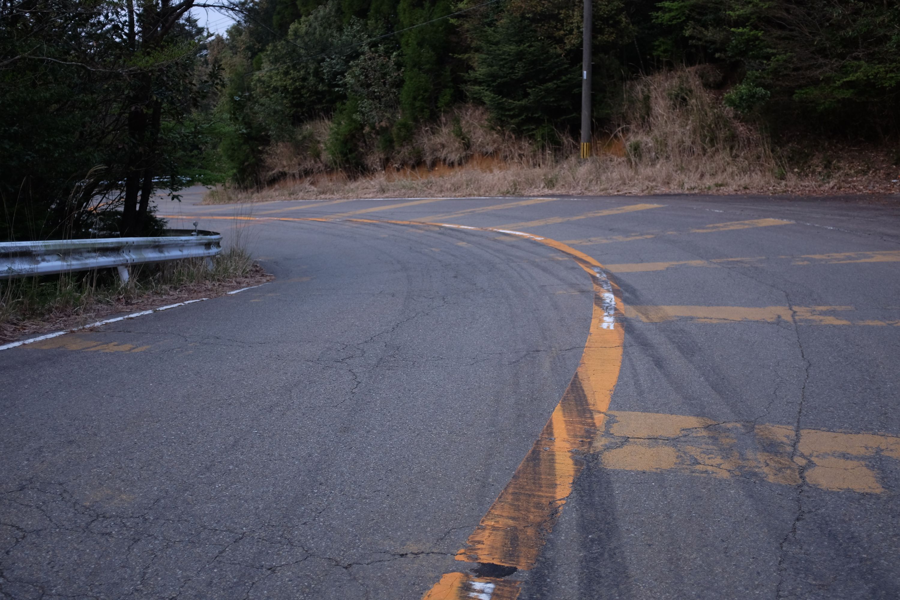 A mountain road shows tire tracks that hint at street racing.