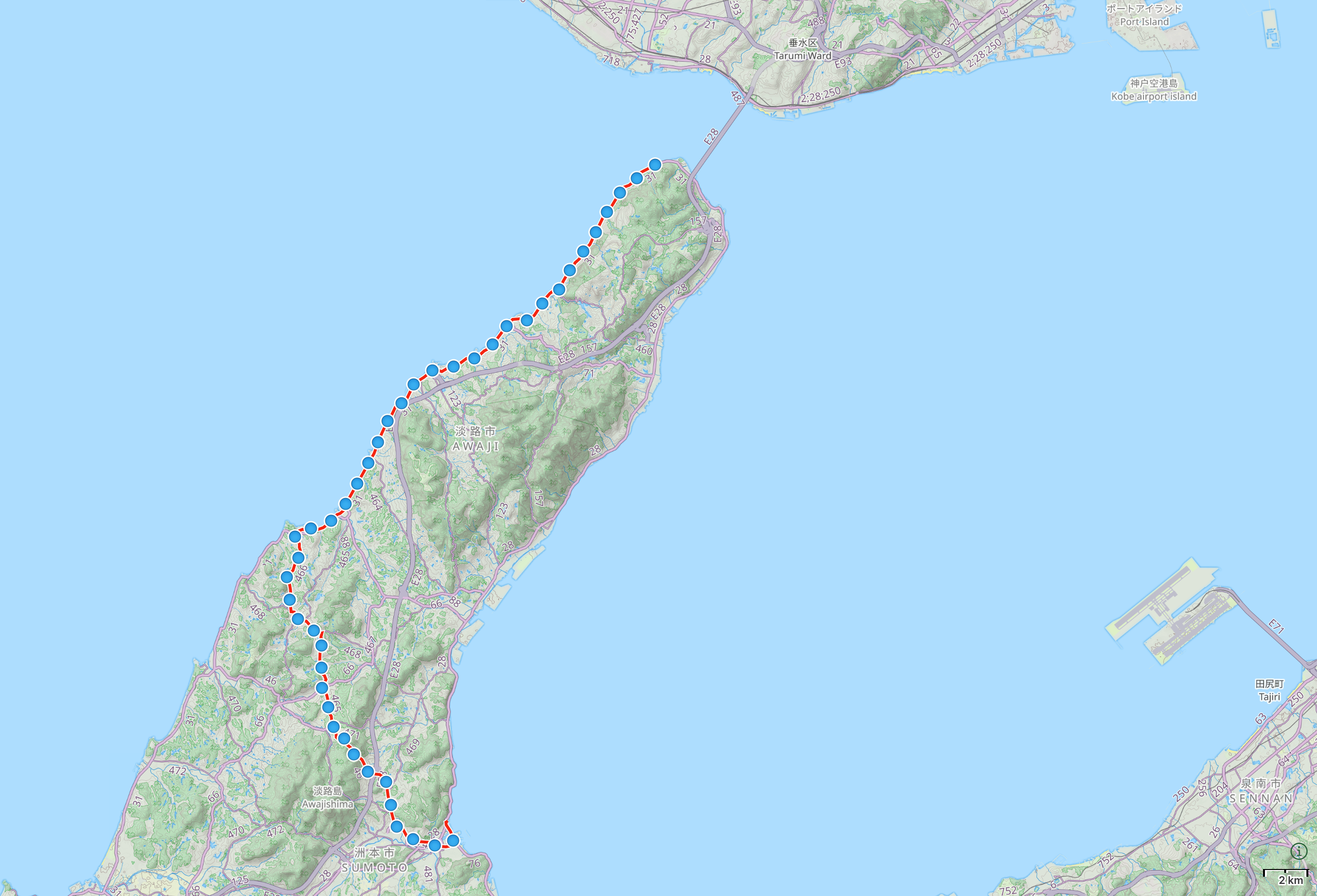 Map of Awaji Island in Hyōgo Prefecture with route between Sumoto and the Esaki Lighthouse highlighted.
